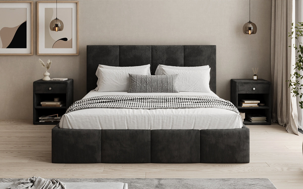 Designer upholstered bed Mina in Corduroy with storage space