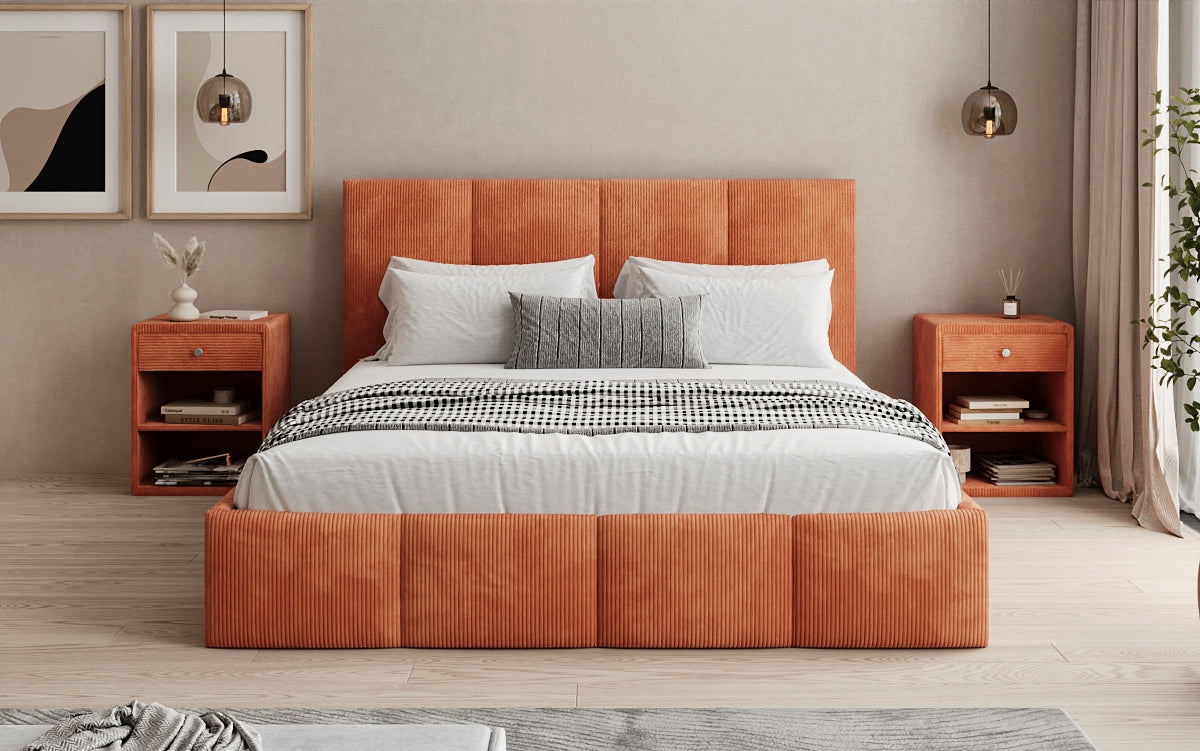 Designer upholstered bed Mina in Corduroy with storage space