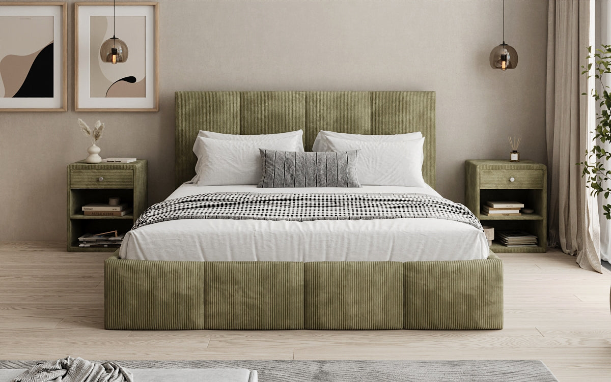 Designer upholstered bed Mina in Corduroy with storage space