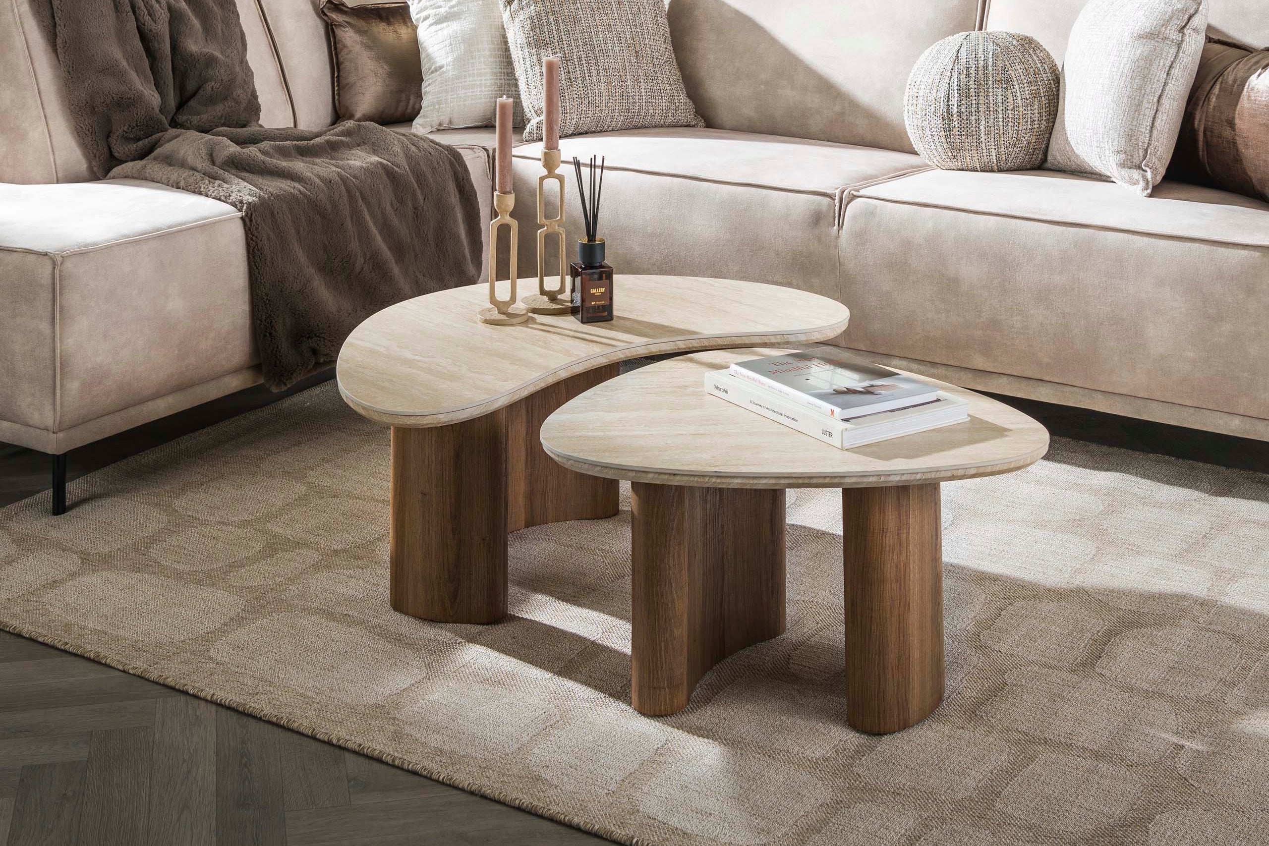 Coffee table Orvella - set of 2 with ceramic top in travertine look and organic shape