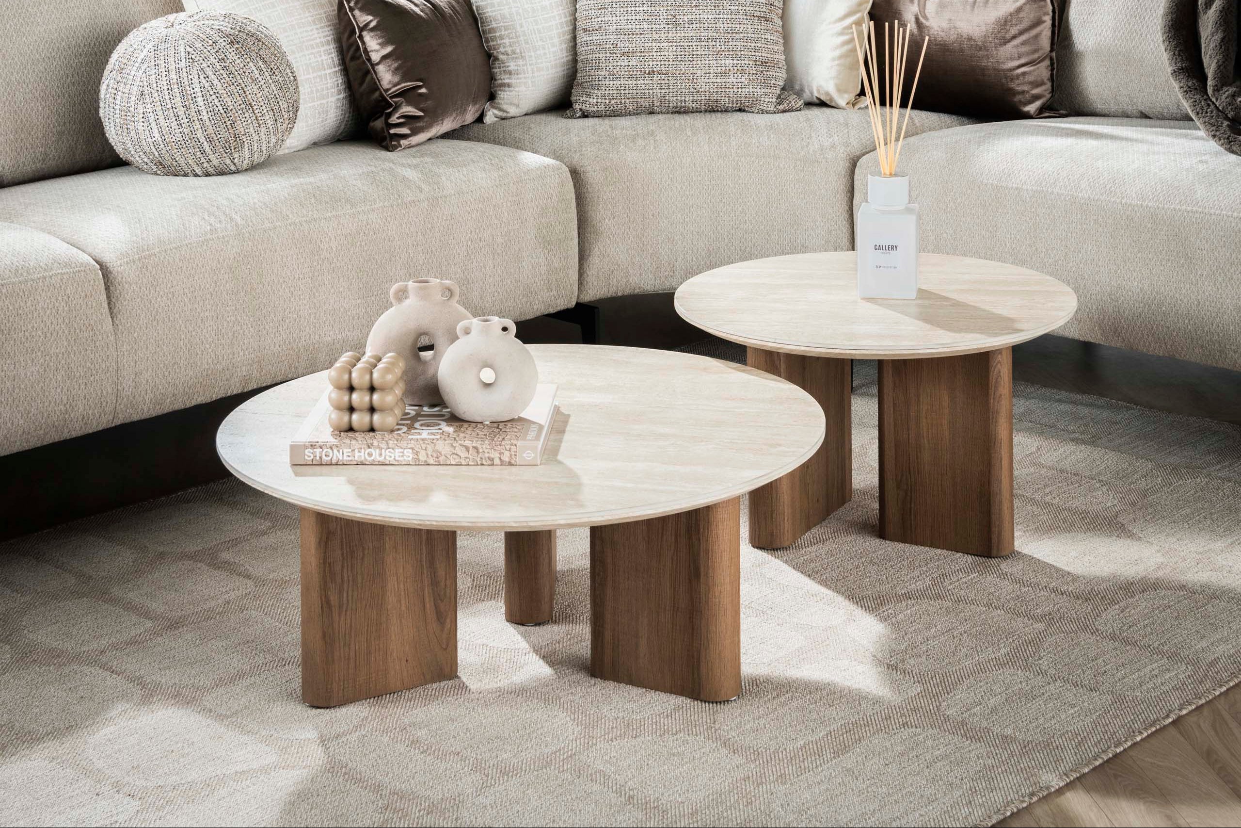 Coffee Table Tavira - Set of 2 with Ceramic Top in Travertine Look and Round Shape