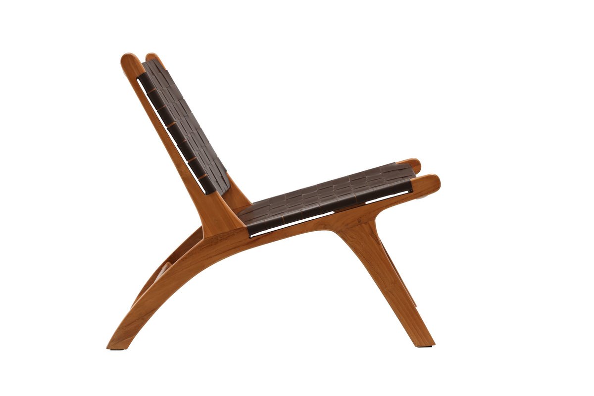 Designer lounge armchair Tevari – wickerwork made of teak & leather look Brown