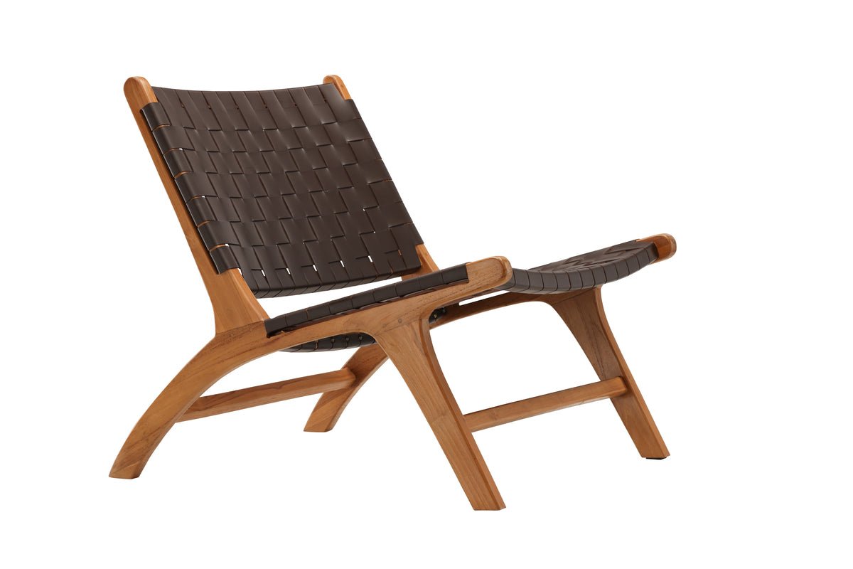Designer lounge armchair Tevari – wickerwork made of teak & leather look Brown