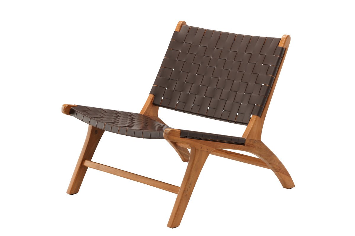 Designer lounge armchair Tevari – wickerwork made of teak & leather look Brown