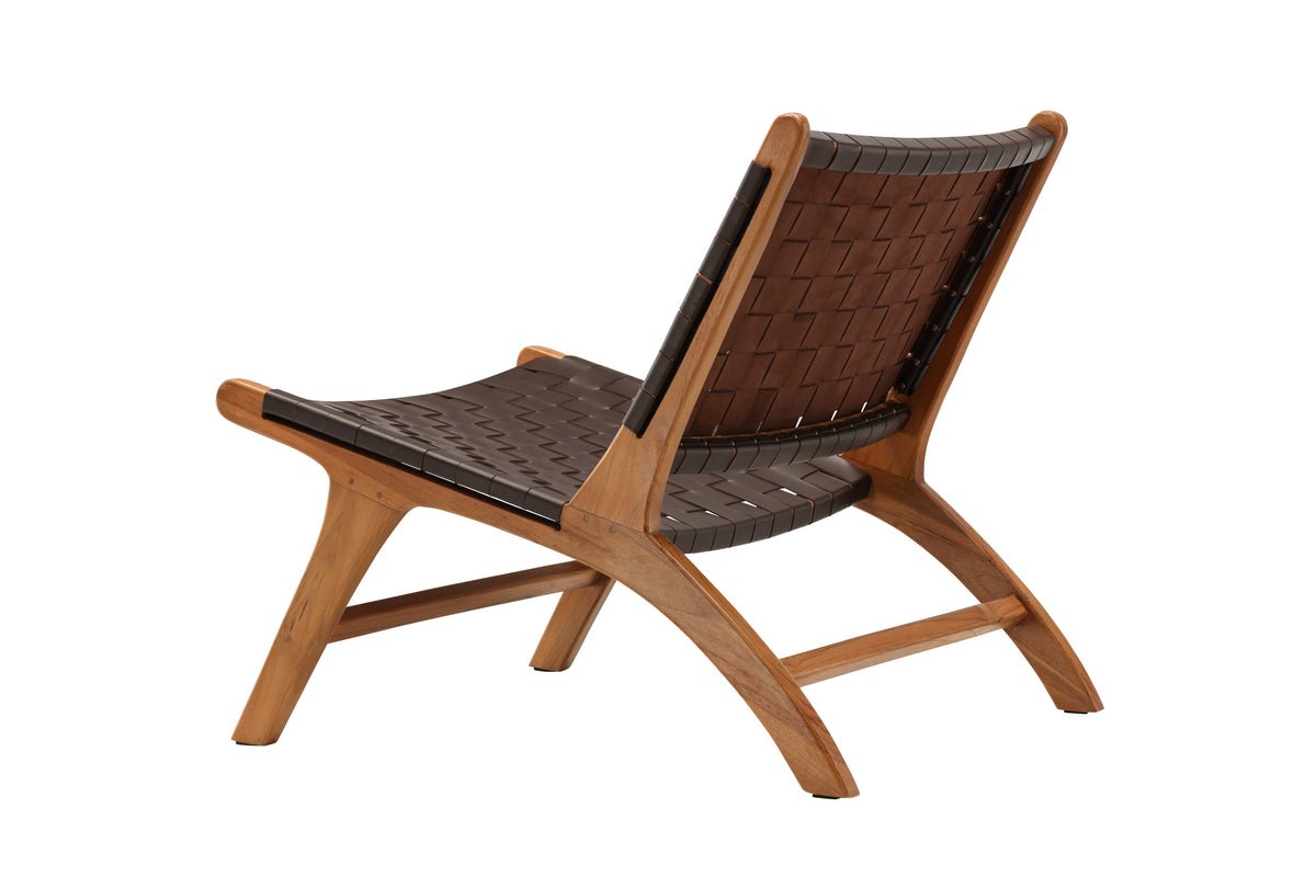 Designer lounge armchair Tevari – wickerwork made of teak & leather look Brown