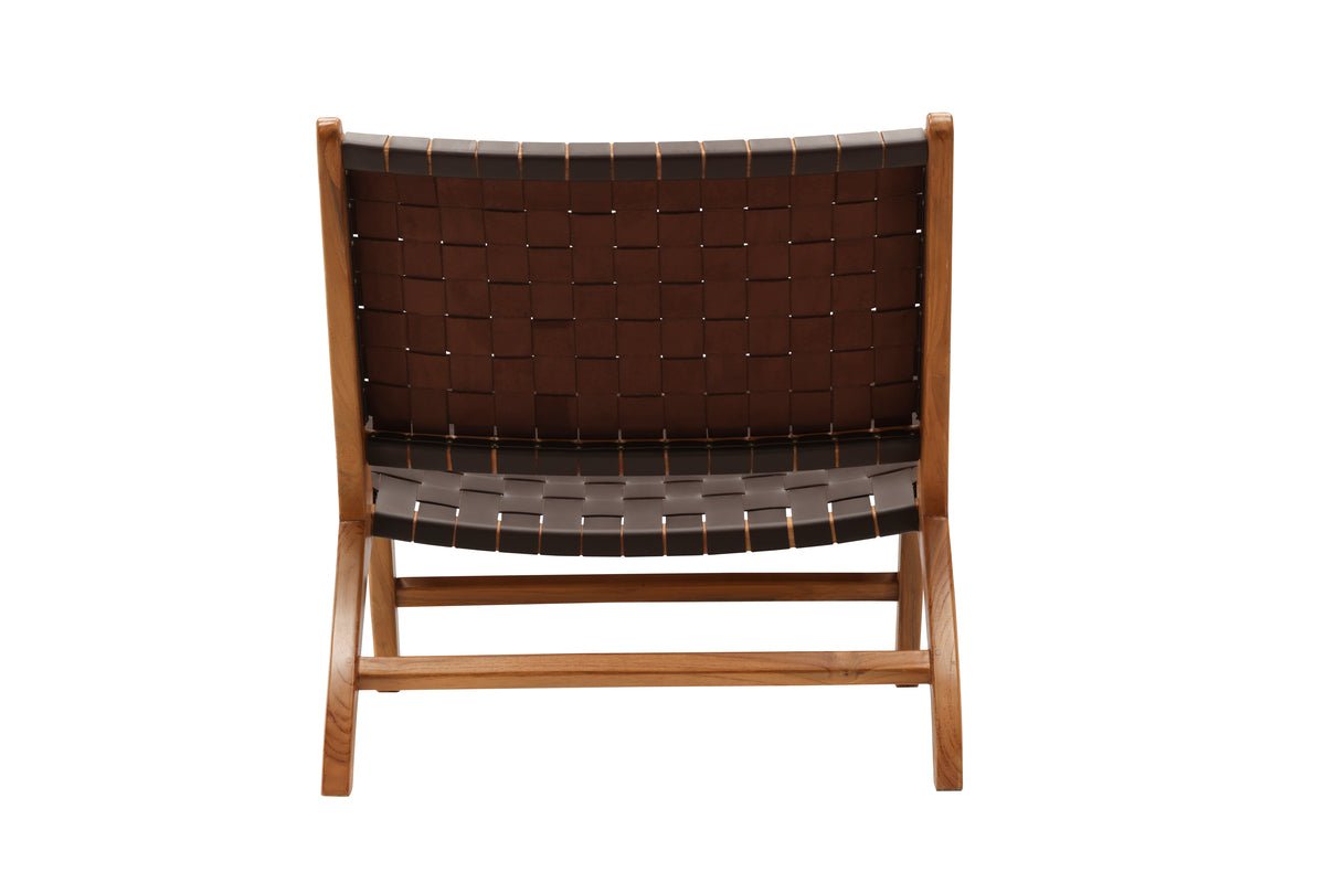 Designer lounge armchair Tevari – wickerwork made of teak & leather look Brown