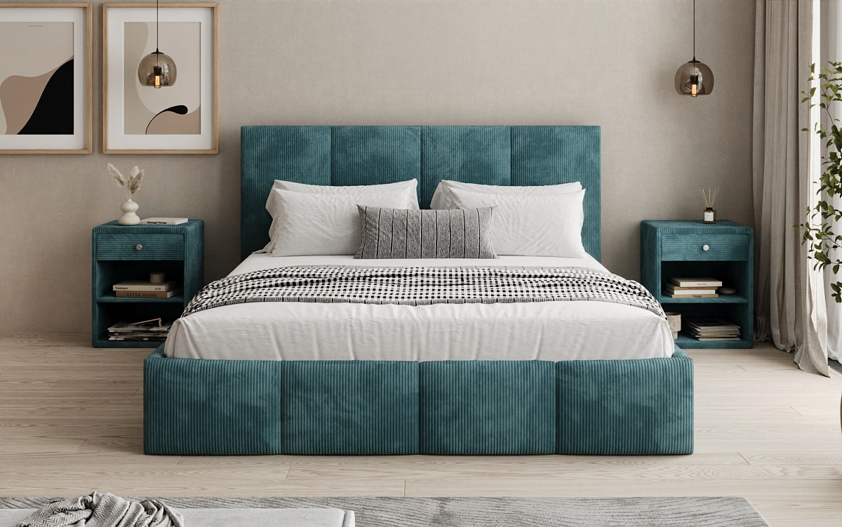 Designer upholstered bed Mina in Corduroy with storage space