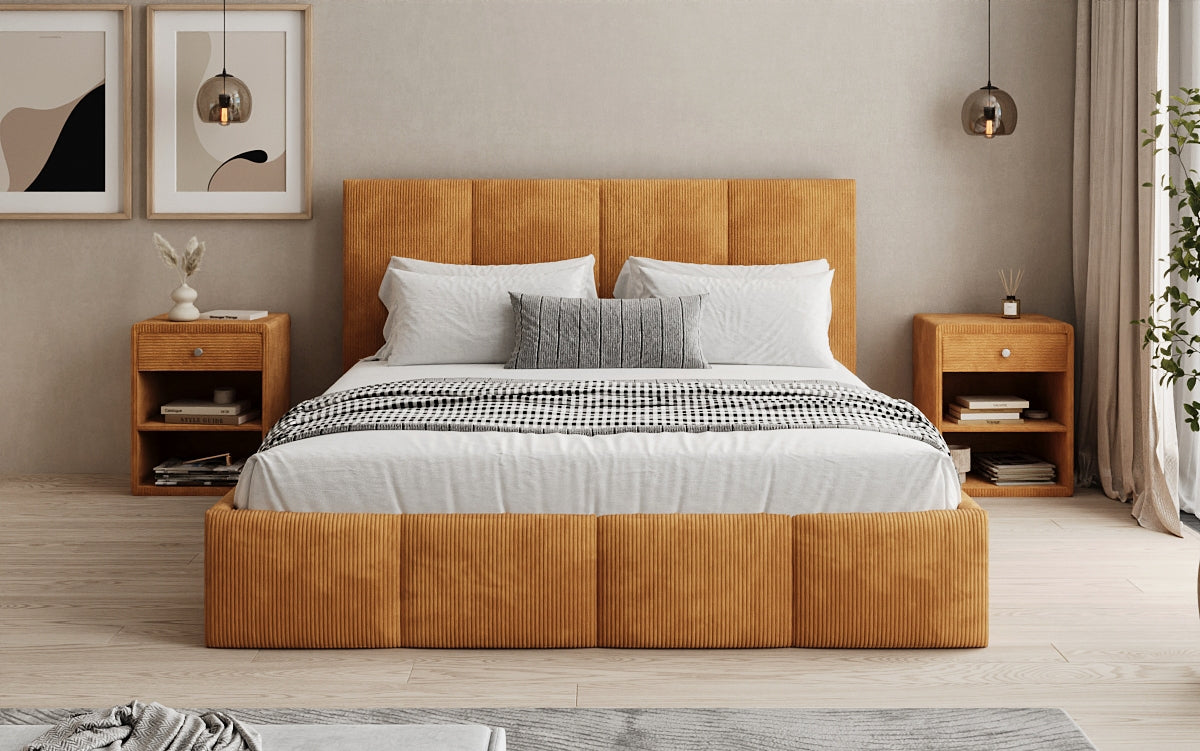 Designer upholstered bed Mina in Corduroy with storage space