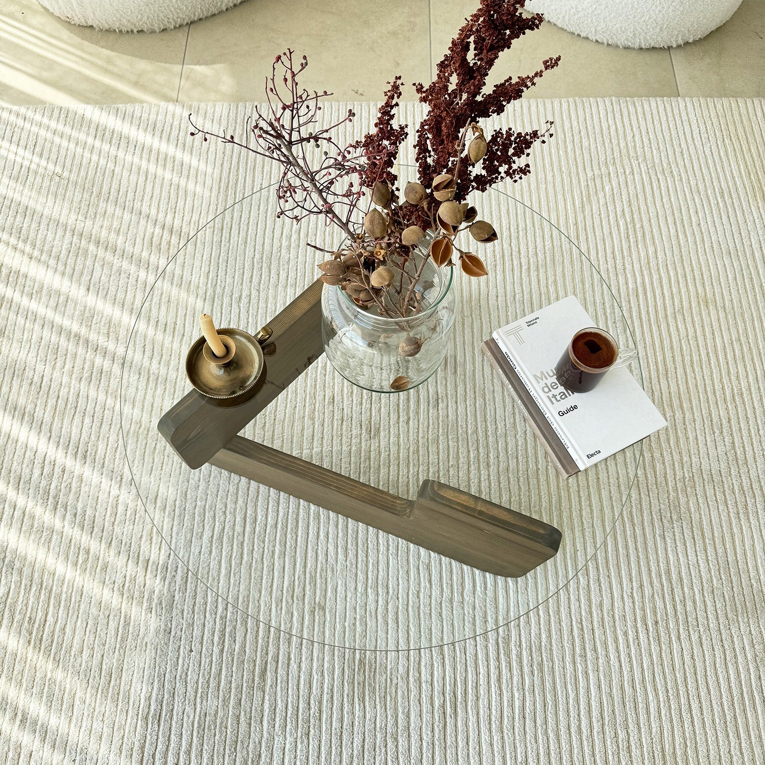 Palvero Coffee Table - with Round Glass Top and Pine Wood