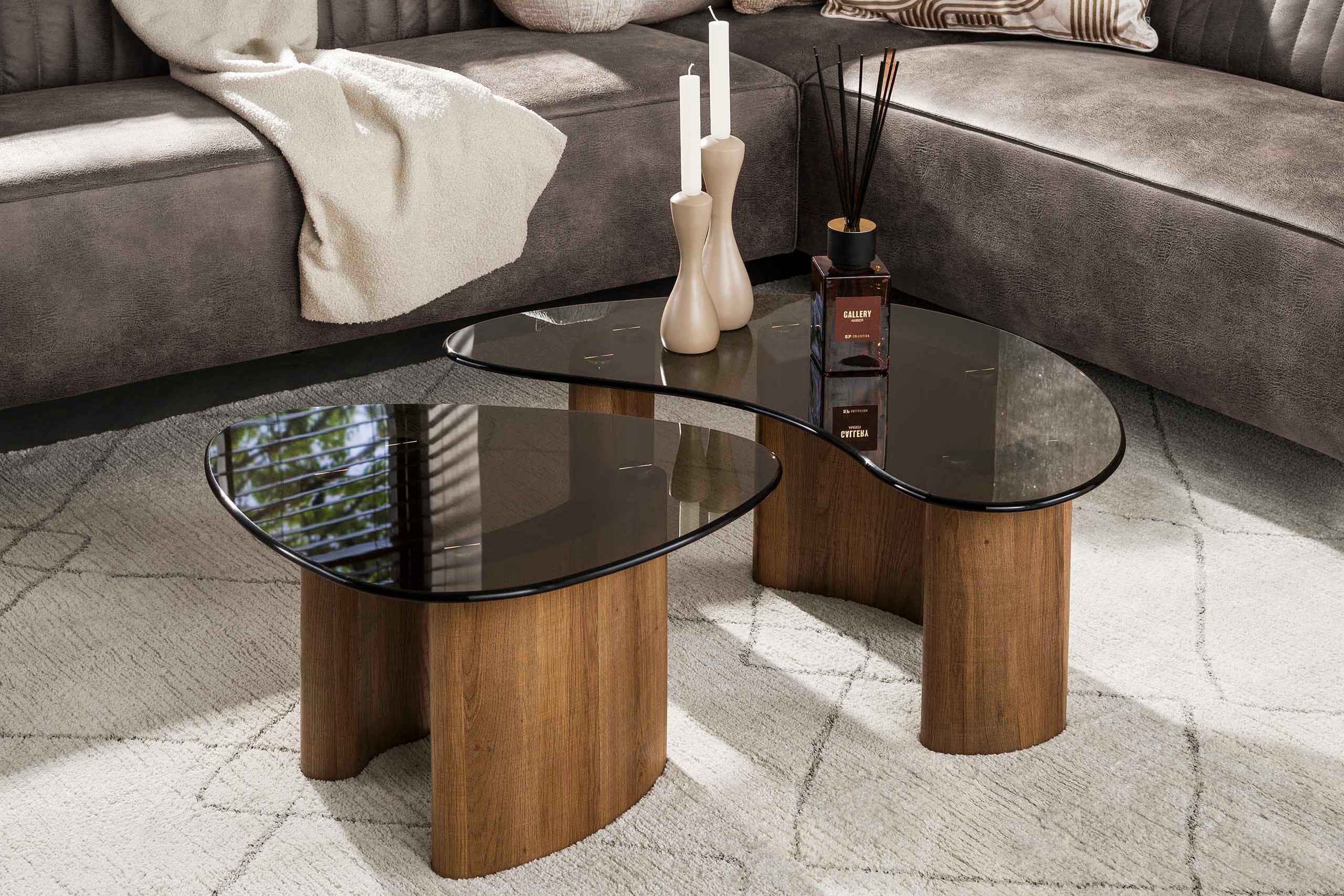 Coffee Table Aurora - Set of 2 with Smoke Glass Tabletop and Frame in Oak Look
