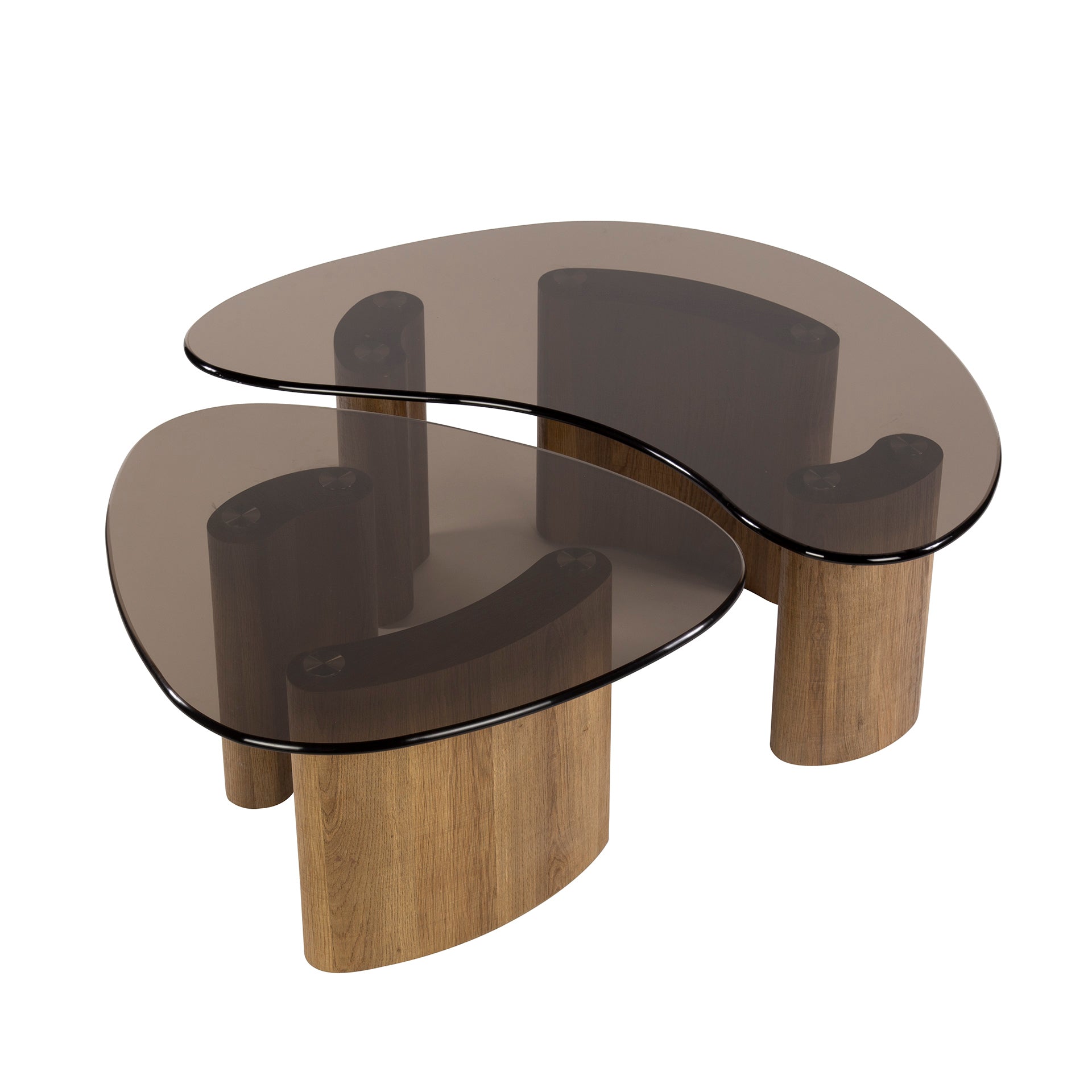 Coffee Table Aurora - Set of 2 with Smoke Glass Tabletop and Frame in Oak Look