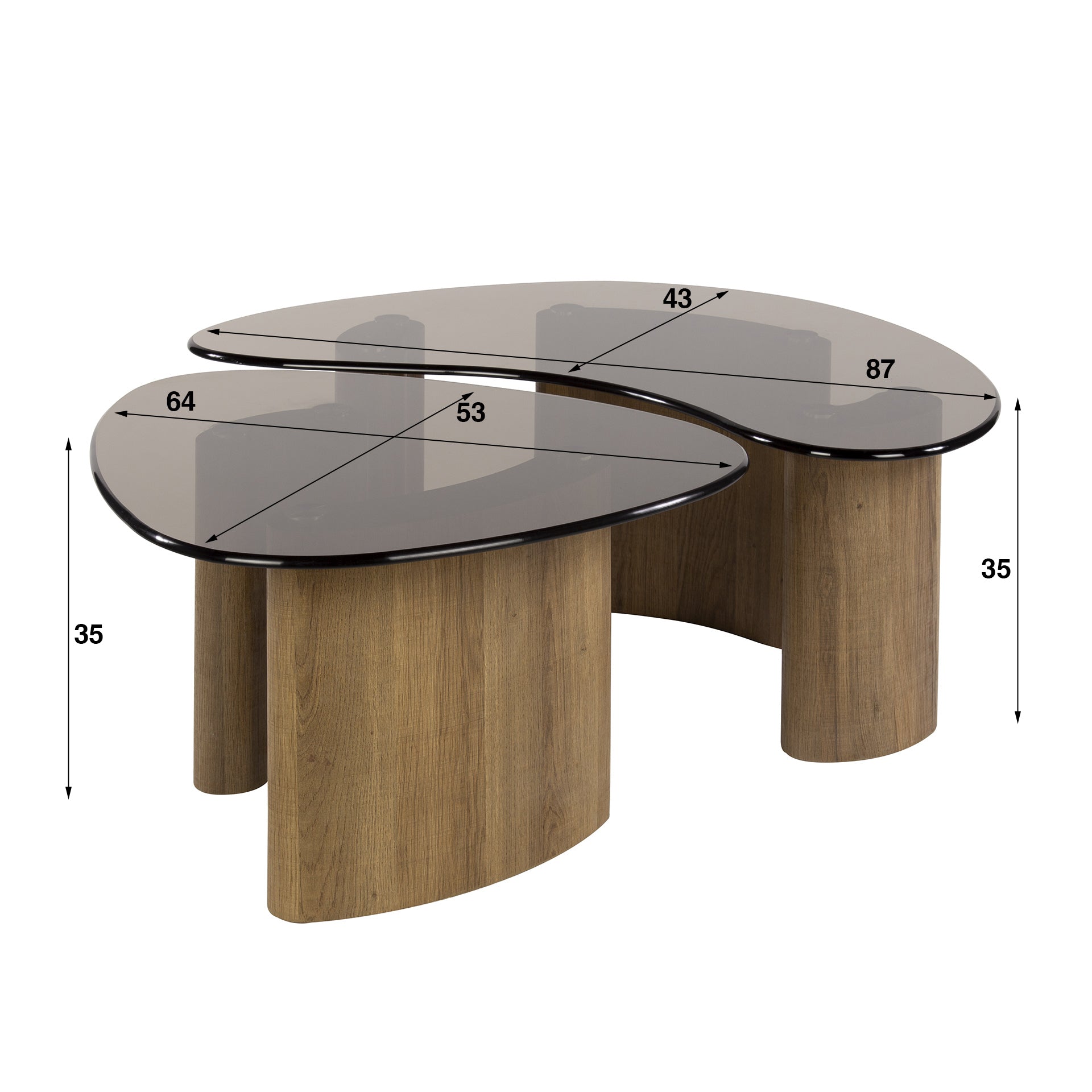 Coffee Table Aurora - Set of 2 with Smoke Glass Tabletop and Frame in Oak Look