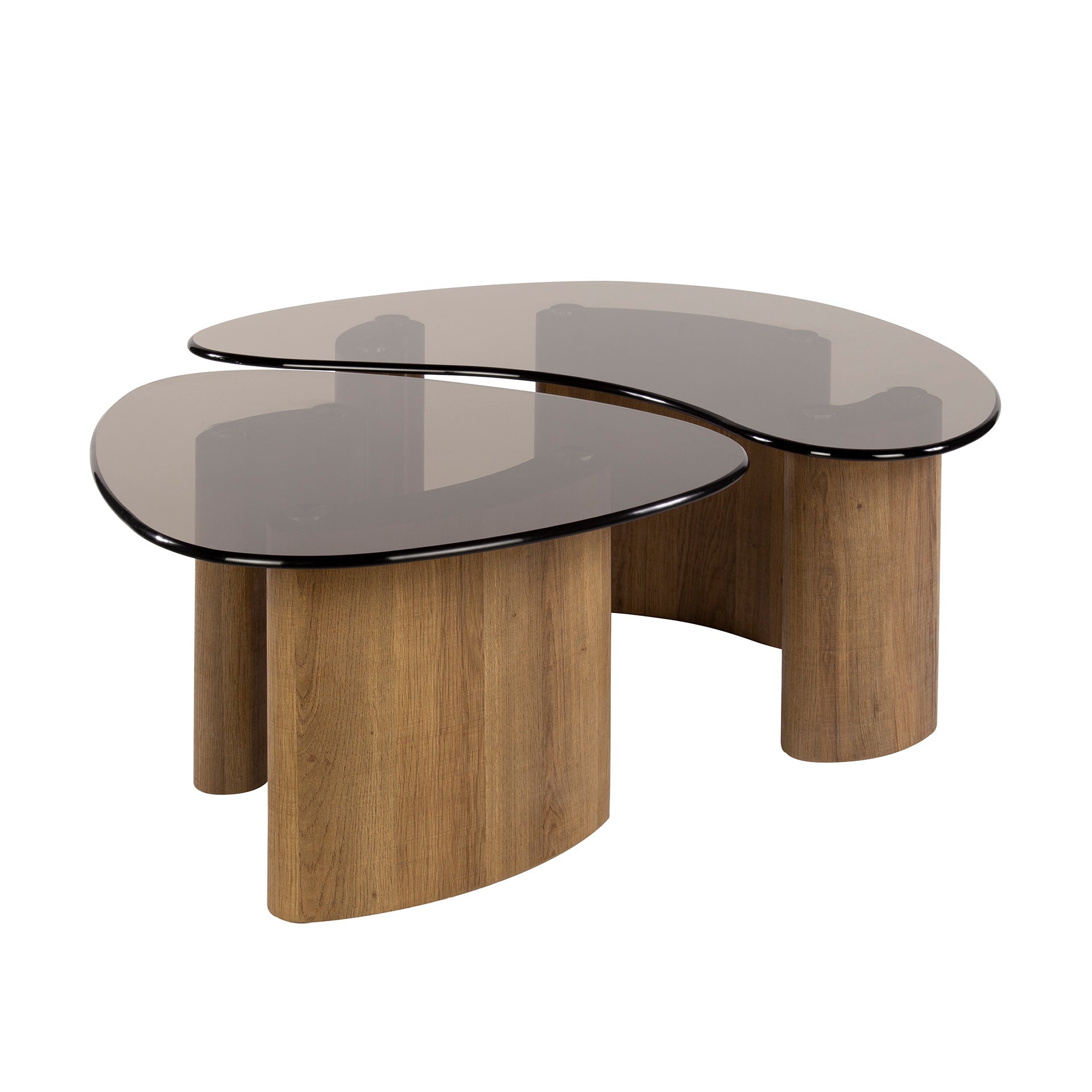 Coffee Table Aurora - Set of 2 with Smoke Glass Tabletop and Frame in Oak Look