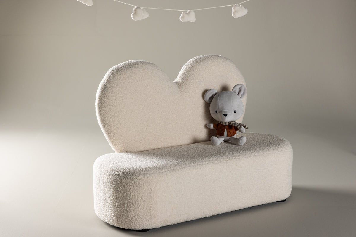 Children's sofa Miela – Heart-shaped 2-seater in White with teddy cover