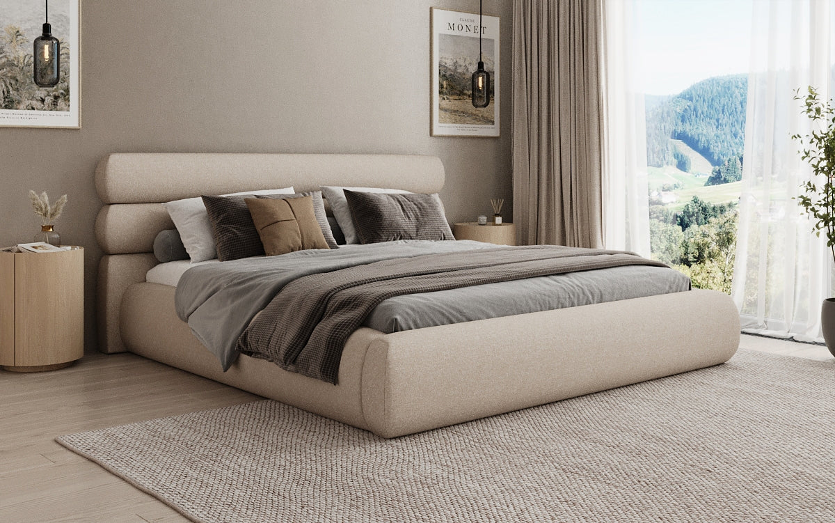 Designer upholstered bed Joline in textured fabric with storage