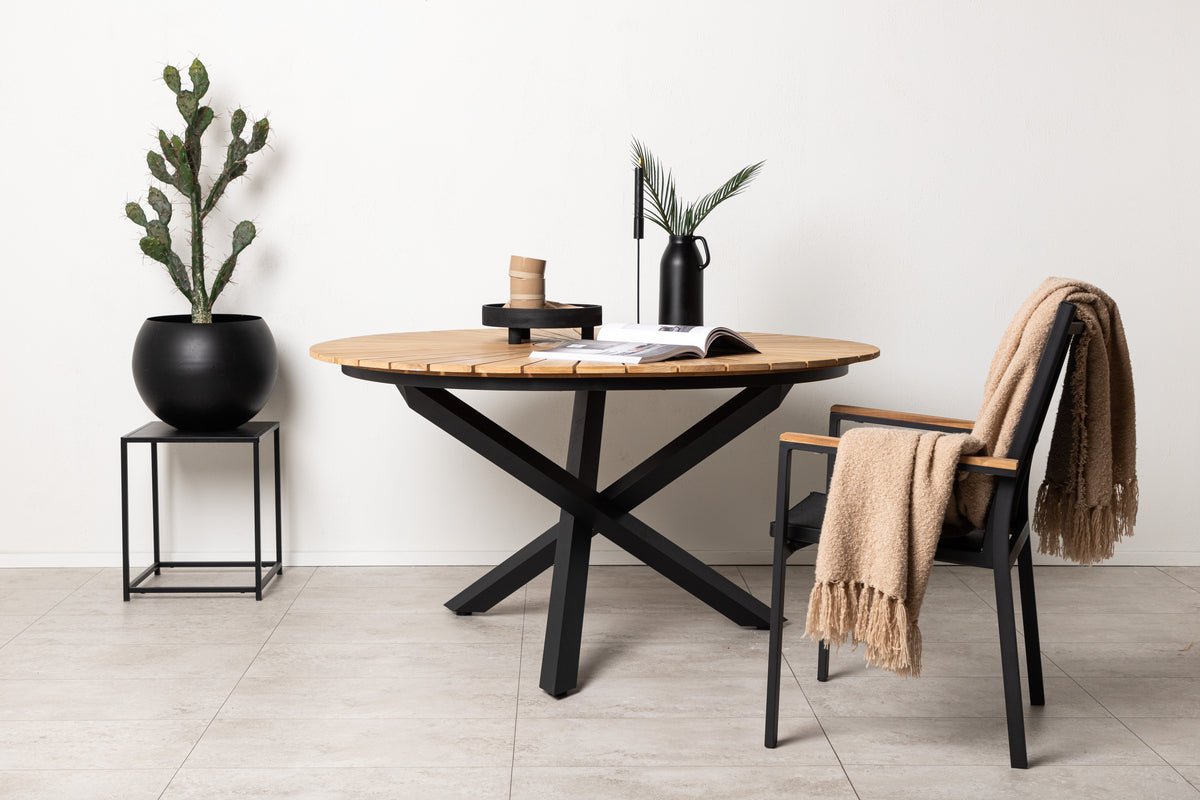 Gartentisch Mirani - ein runder Esstisch aus Metall und Teakholz