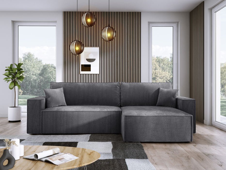 Designer Velanova sofa with sleeper function and storage space, made of corduroy
