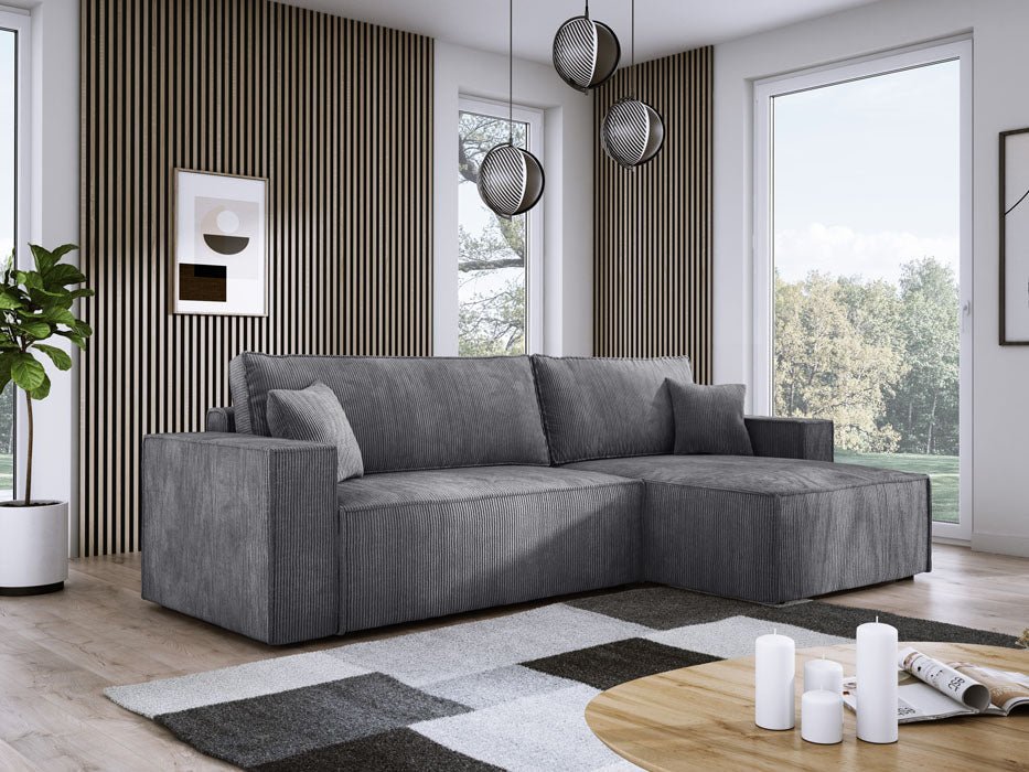 Designer Velanova sofa with sleeper function and storage space, made of corduroy