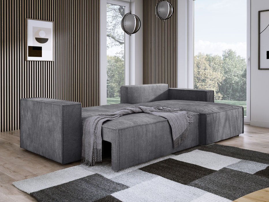 Designer Velanova sofa with sleeper function and storage space, made of corduroy