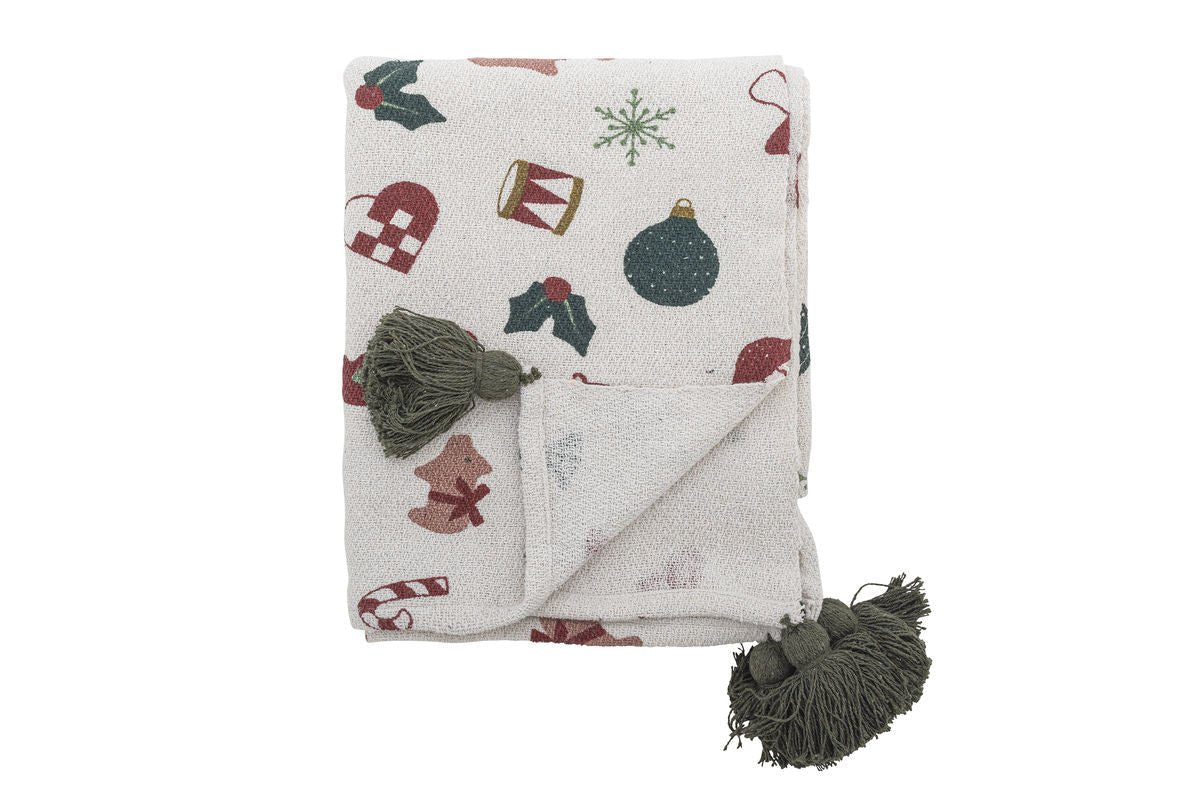 Aila Throw Blanket - Natural/Green, made from recycled cotton, with Christmas motifs