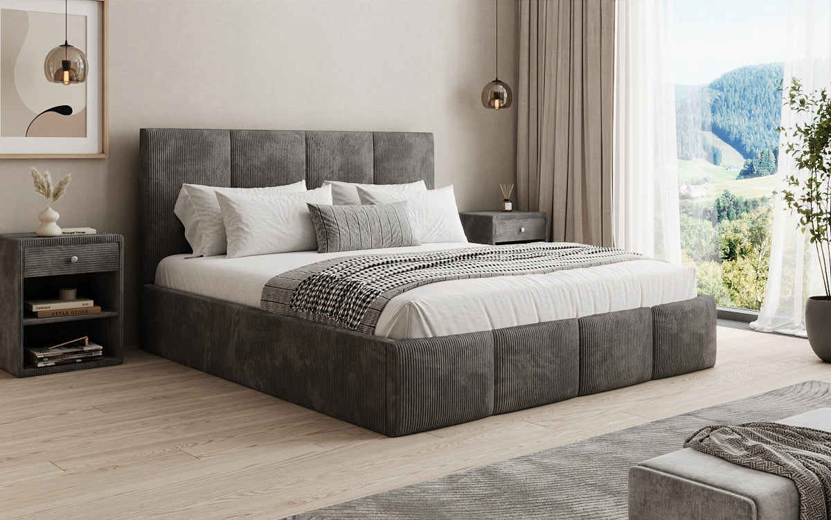 Designer upholstered bed Mina in Corduroy with storage space