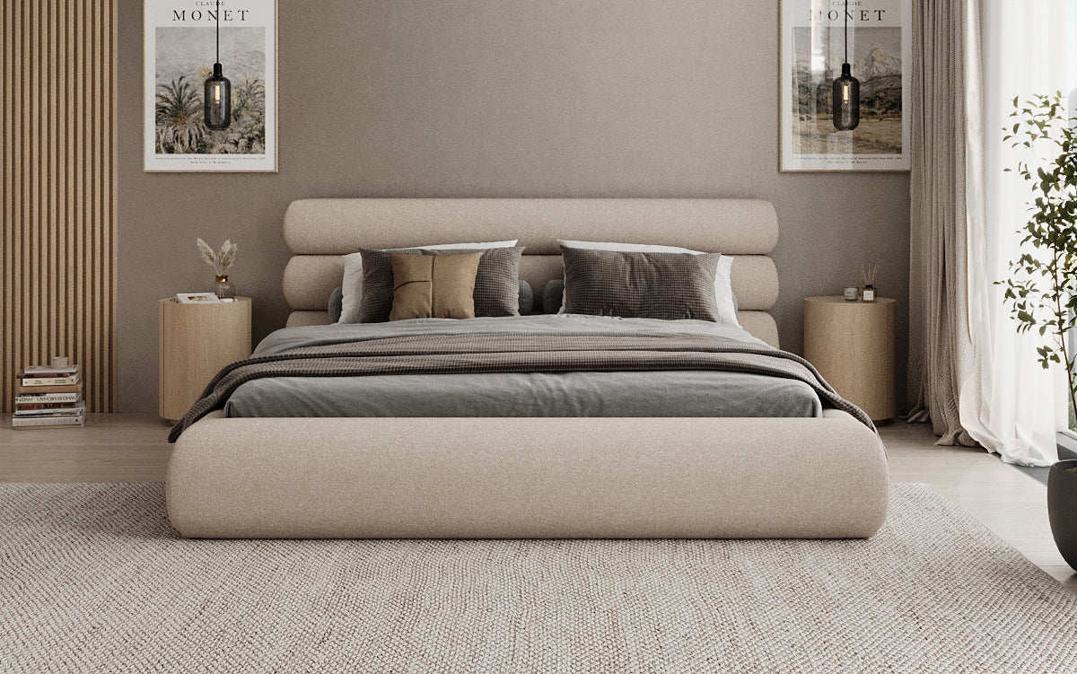 Designer upholstered bed Joline in textured fabric with storage