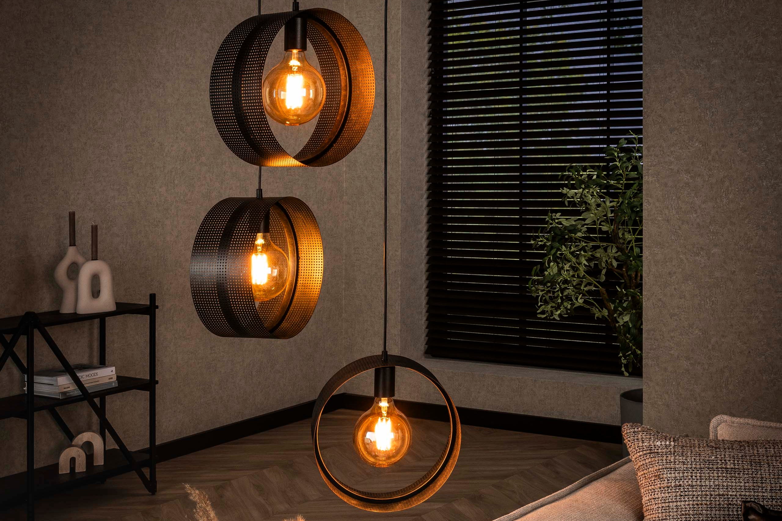 Pendant lamp "Sorelia" – tiered with 3 lights and perforated ring lampshades in Anthracite