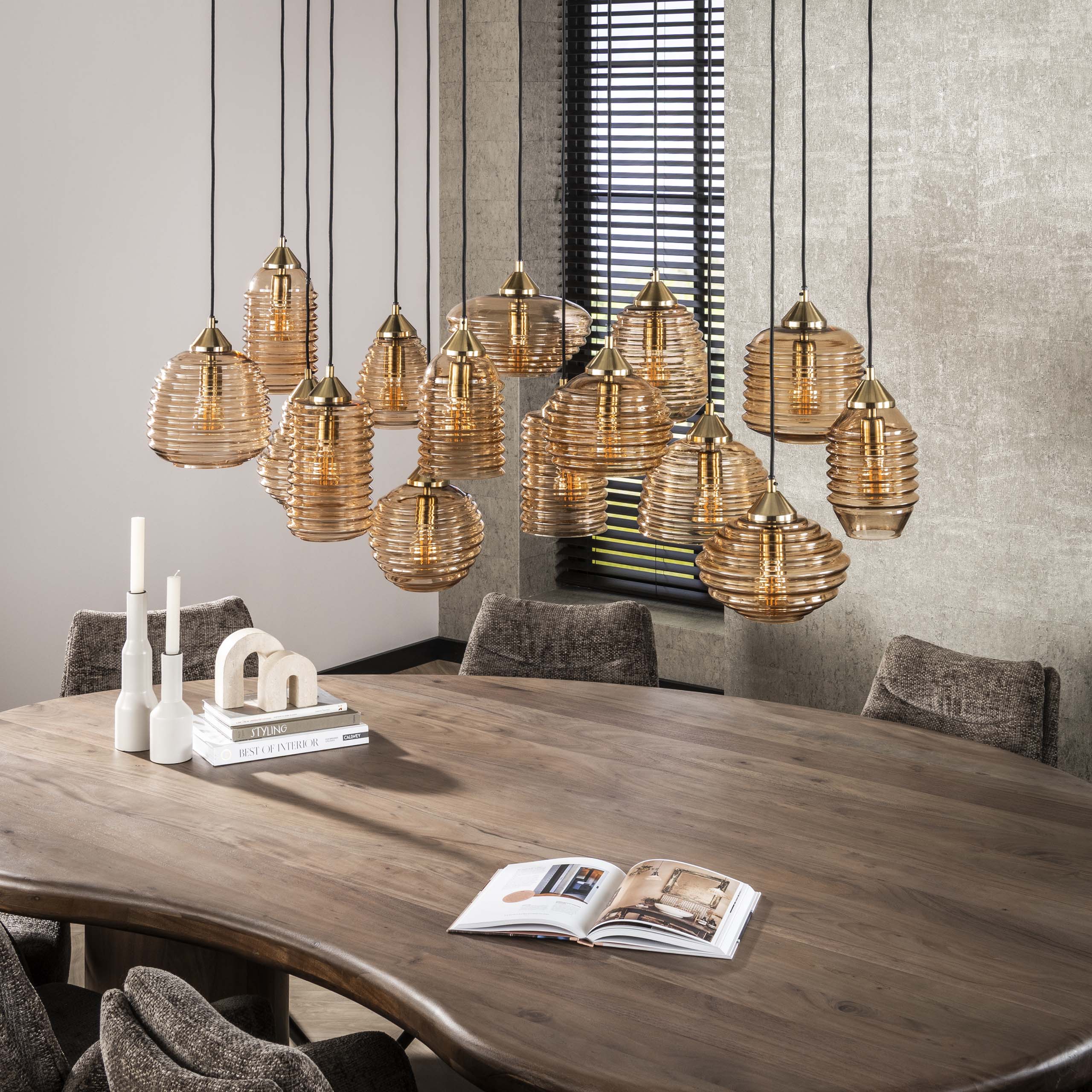 Pendant Light "Solaro" – with 15 Lights in Rib Glass Design and Amber Color
