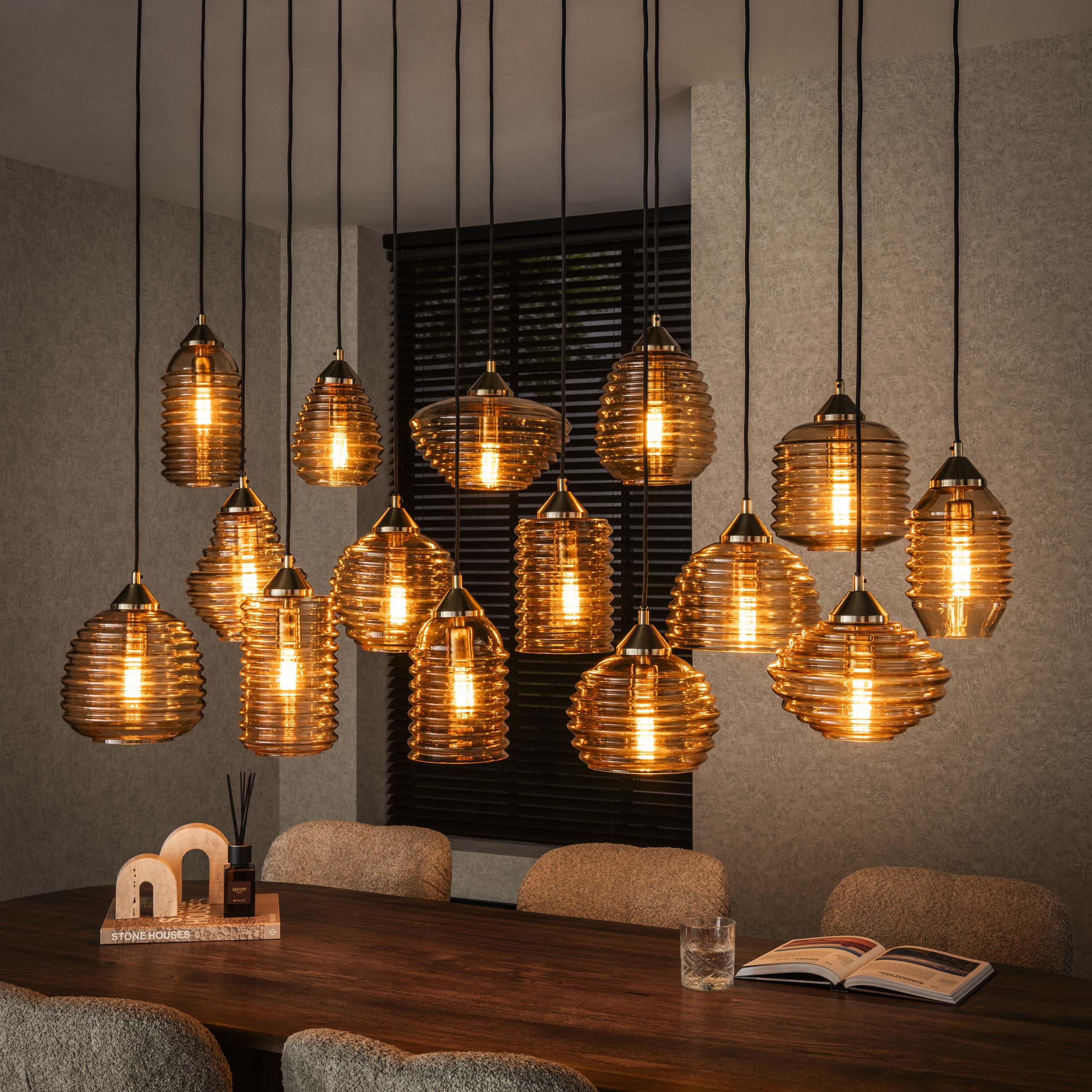 Pendant Light "Solaro" – with 15 Lights in Rib Glass Design and Amber Color