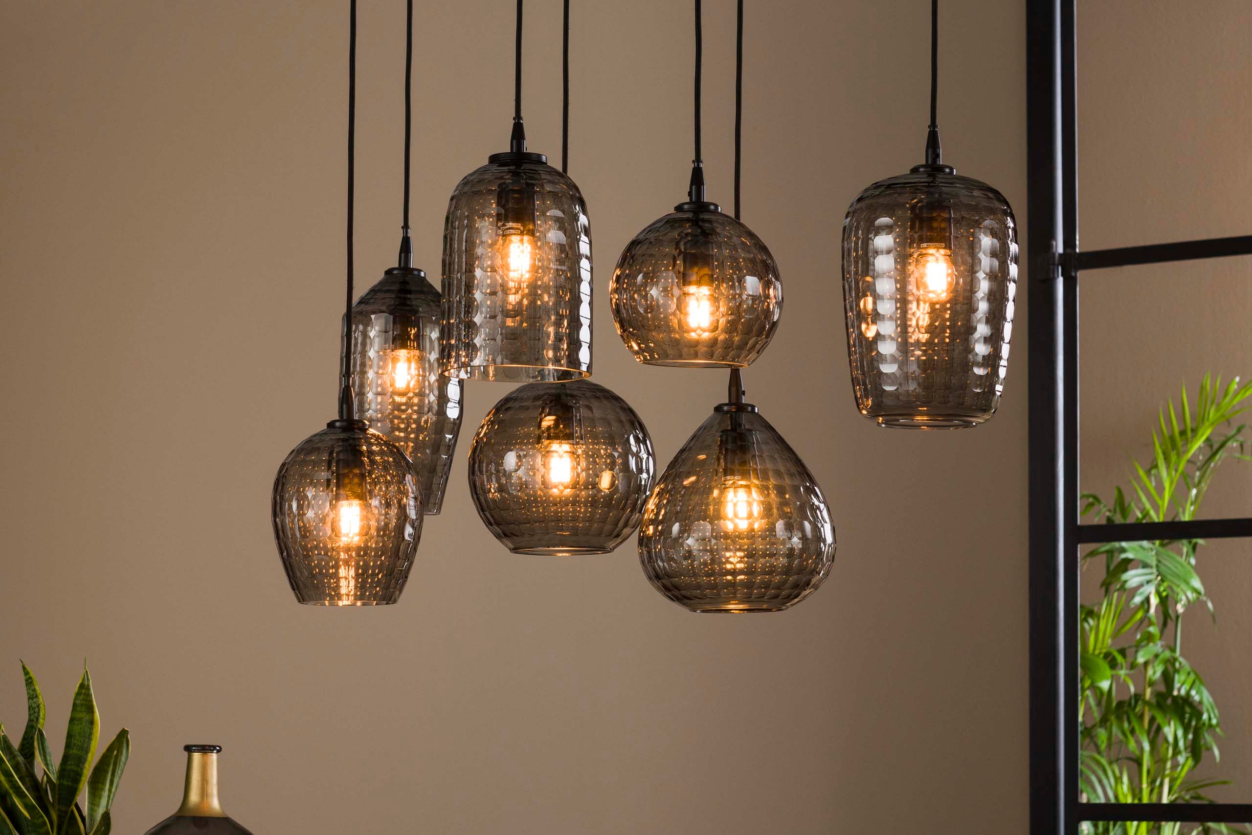 Pendant Light "Aurelia" – with 7 Lights in Smoke Glass Design and Metal Fixture