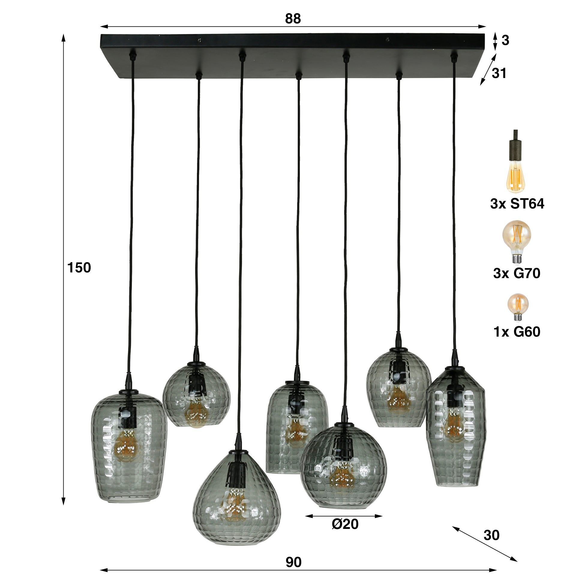 Pendant Light "Aurelia" – with 7 Lights in Smoke Glass Design and Metal Fixture