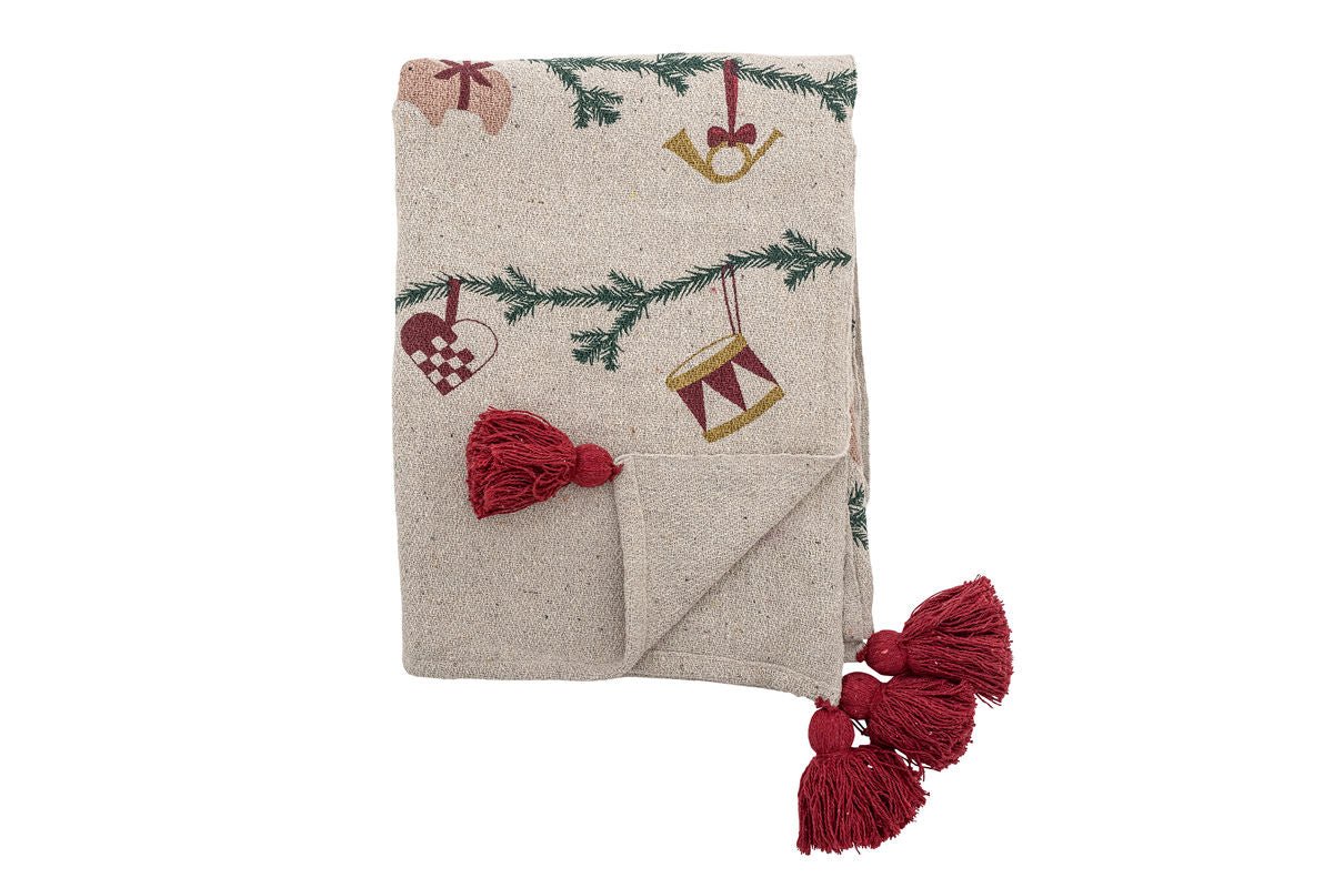 Aila Throw Blanket - Natural/Red, made from recycled cotton, with Christmas motifs