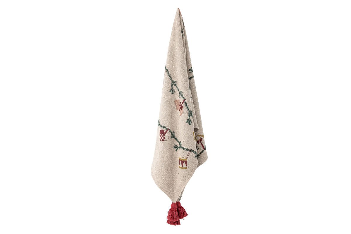 Aila Throw Blanket - Natural/Red, made from recycled cotton, with Christmas motifs