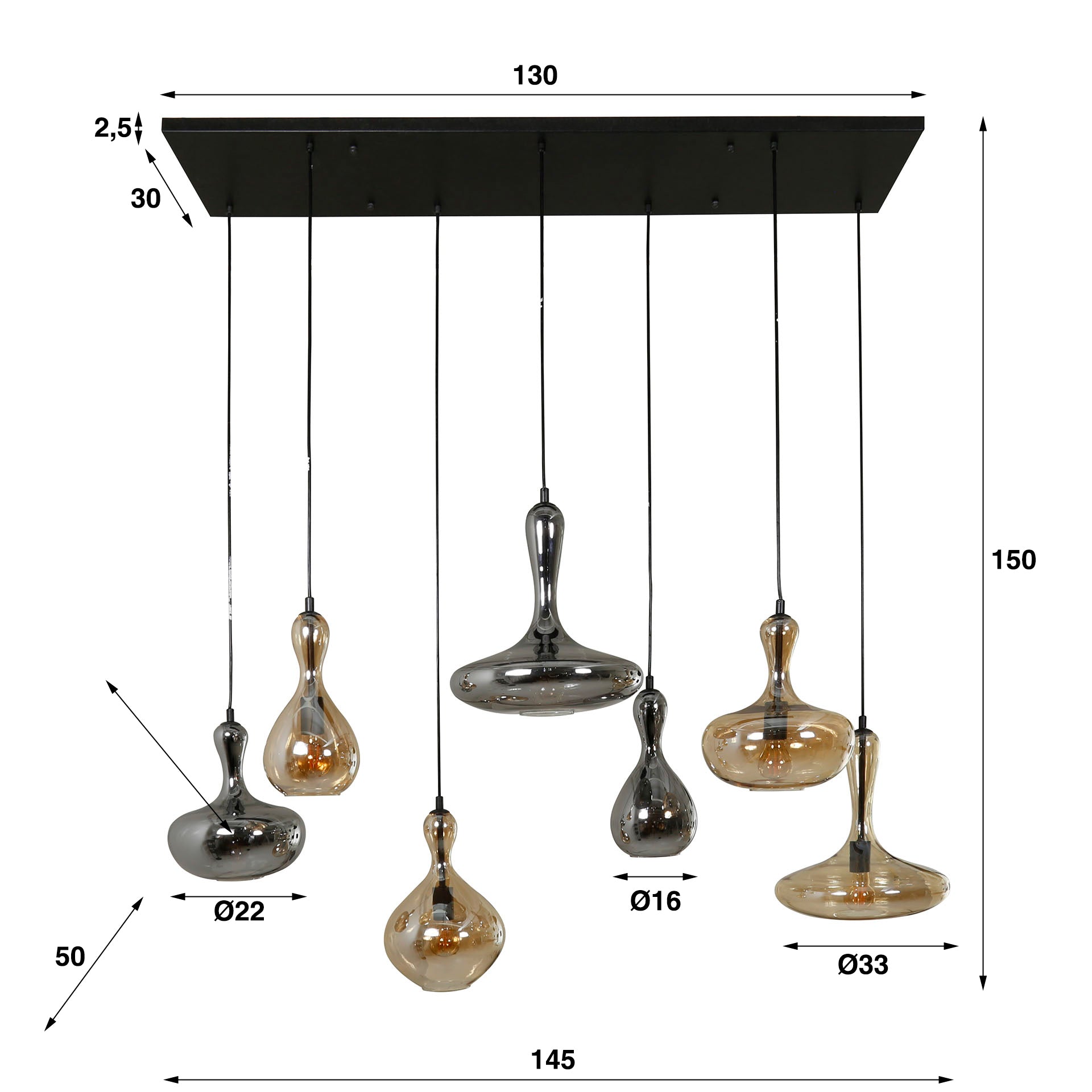 Pendant lamp "Viretta" – 7 glass shades in carafe shape with black metal fixture