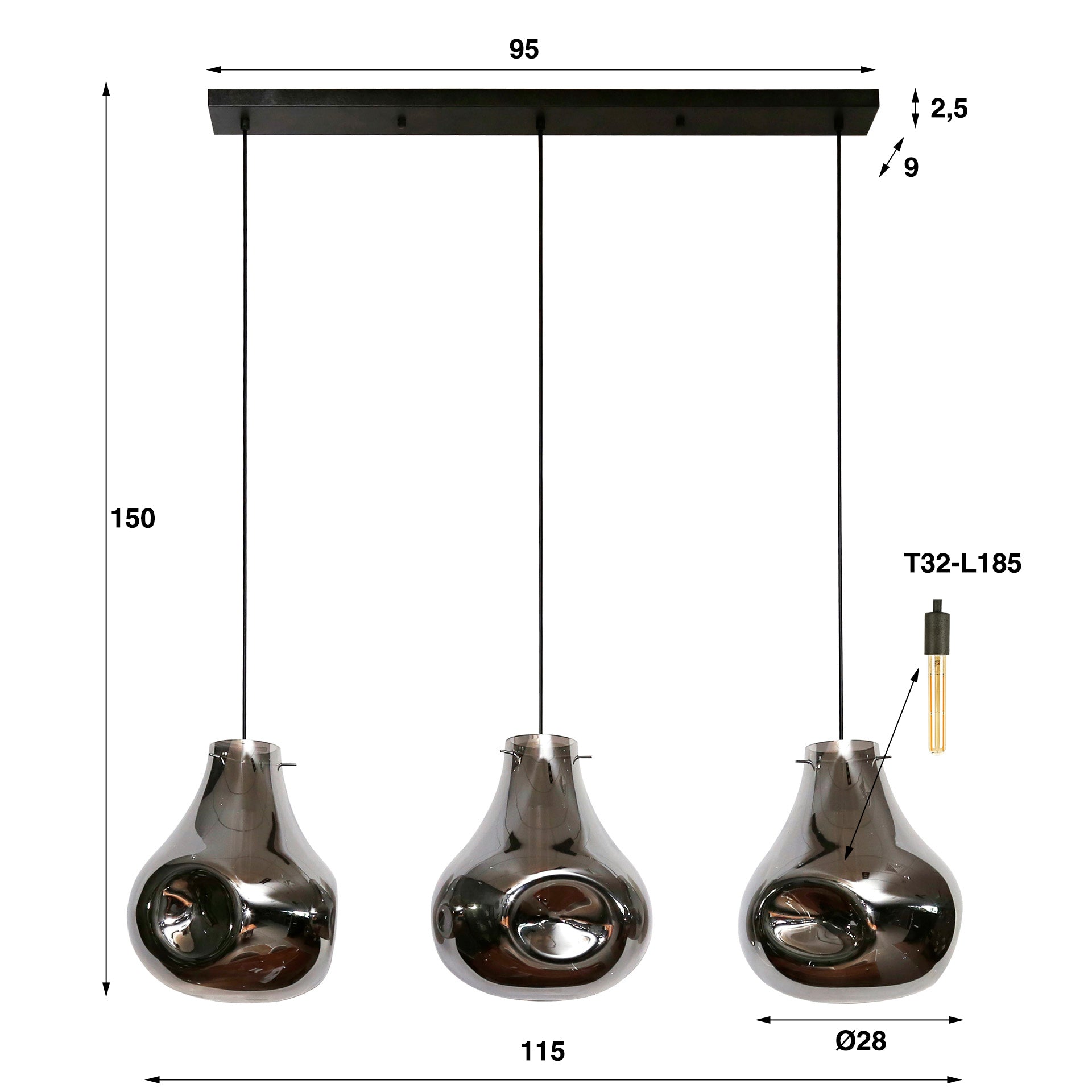 Pendant Light "Castellio" – 3 Lights with Chrome Coating and Black Metal Fixture