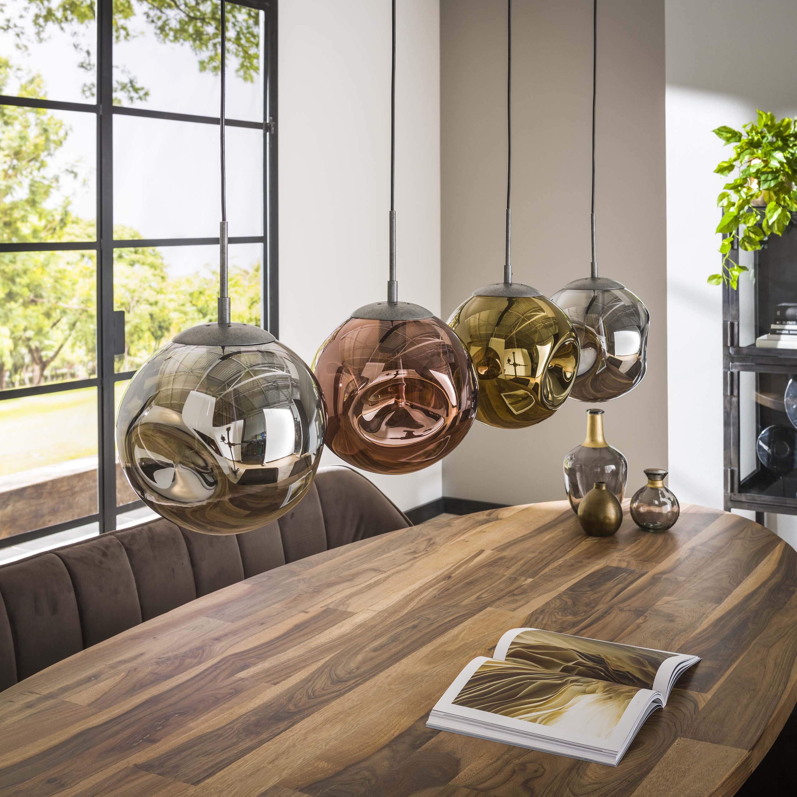 Pendant lamp "Virelli" – 4 lights in the metal color combination gold, copper, and chrome