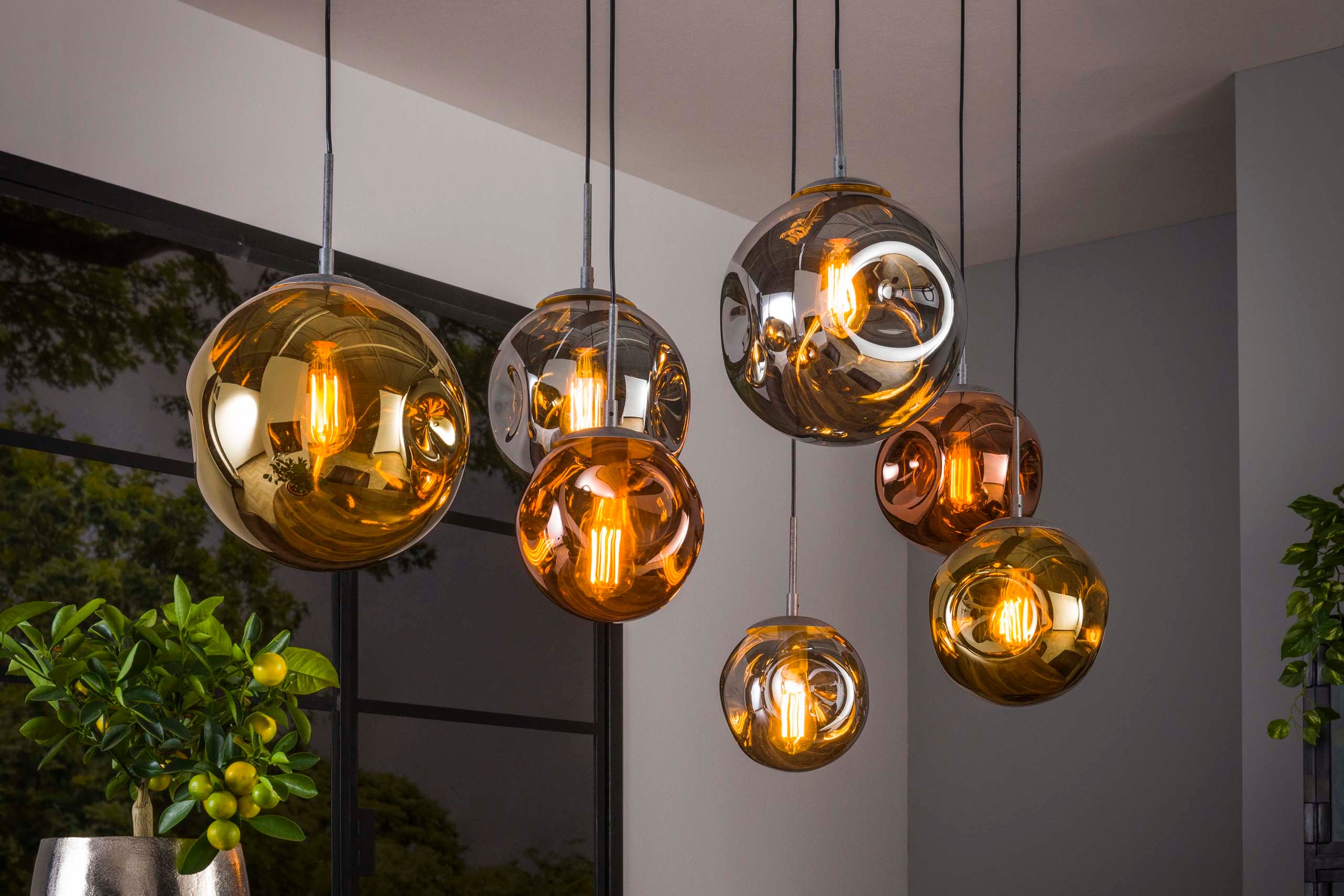 Pendant lamp "Althea" – 7 lights in the metal color combination gold, copper, and chrome