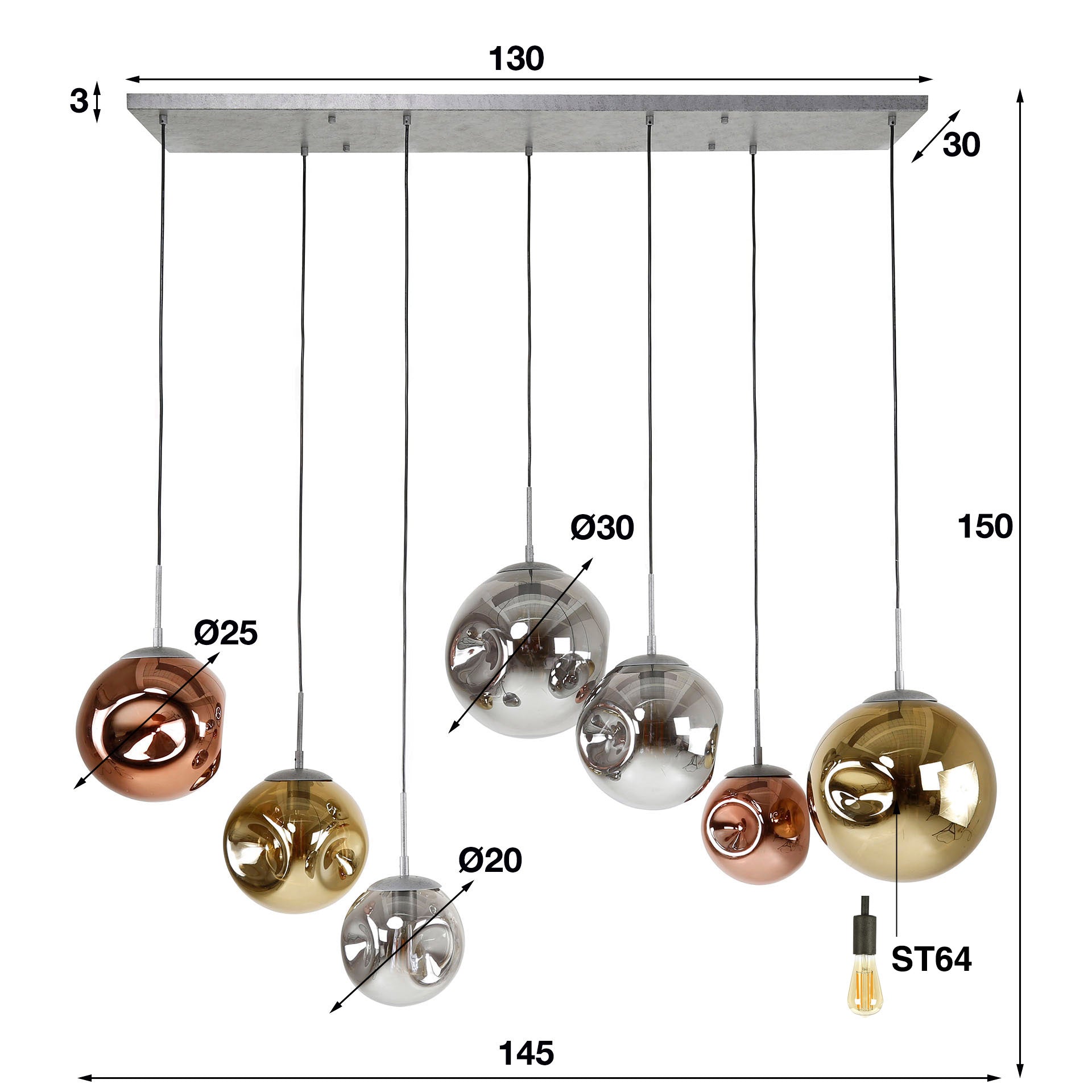 Pendant lamp "Althea" – 7 lights in the metal color combination gold, copper, and chrome
