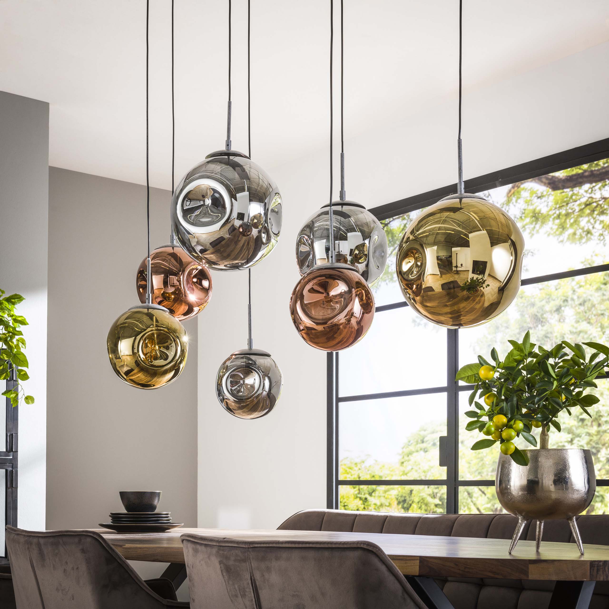 Pendant lamp "Althea" – 7 lights in the metal color combination gold, copper, and chrome