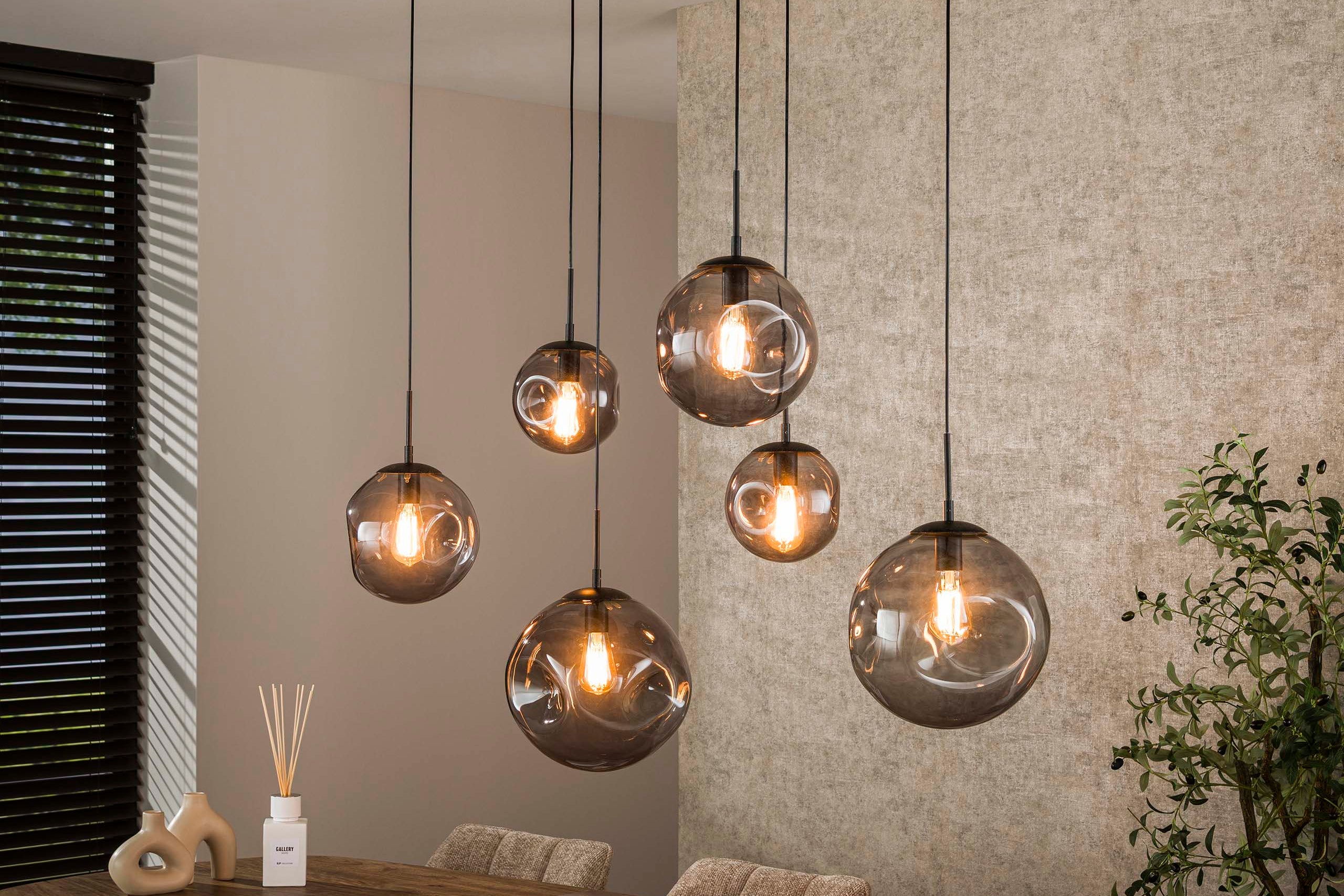 Pendant Light "Zephyra" – 6 Lights in Smoky Glass Design with Organic Ceiling Base