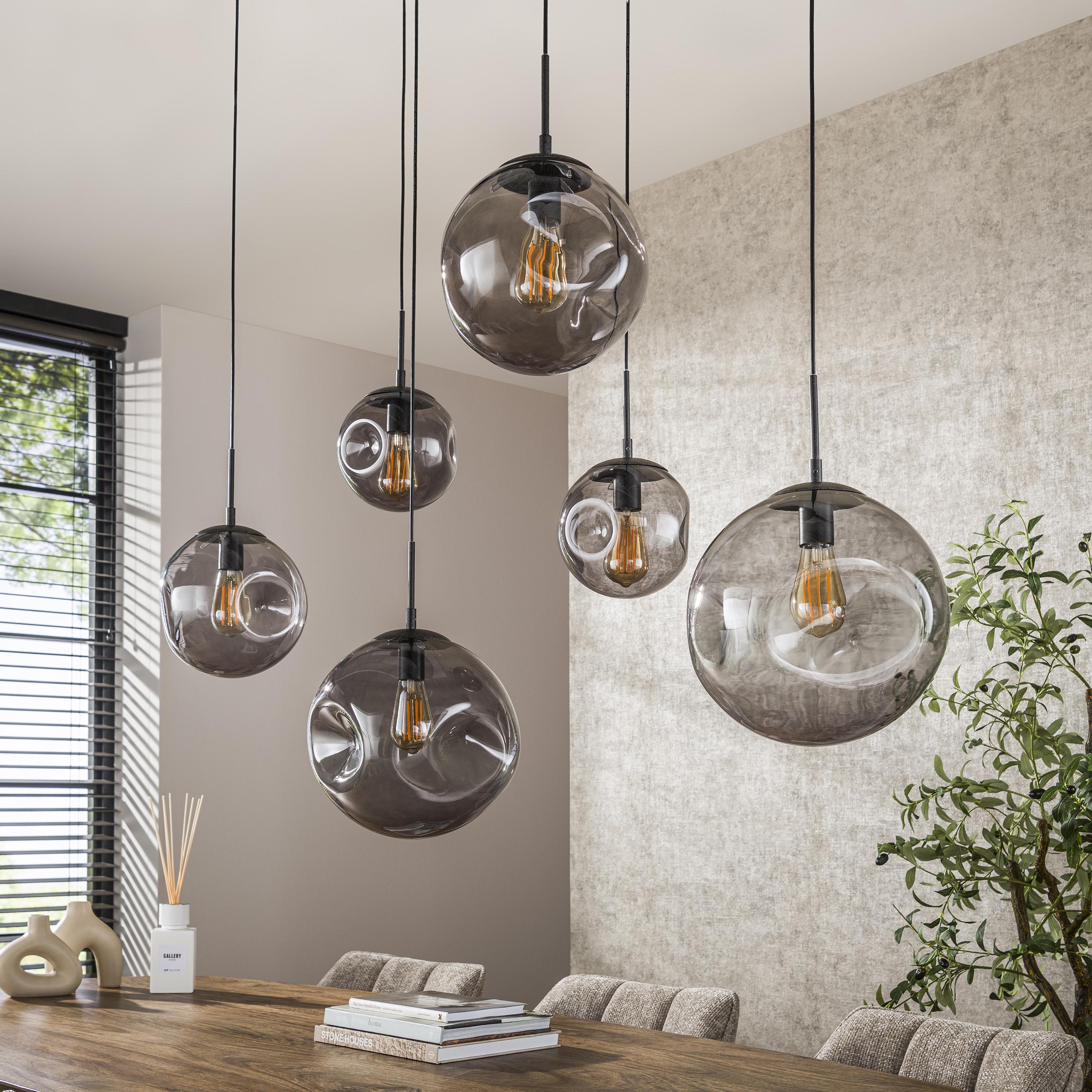 Pendant Light "Zephyra" – 6 Lights in Smoky Glass Design with Organic Ceiling Base