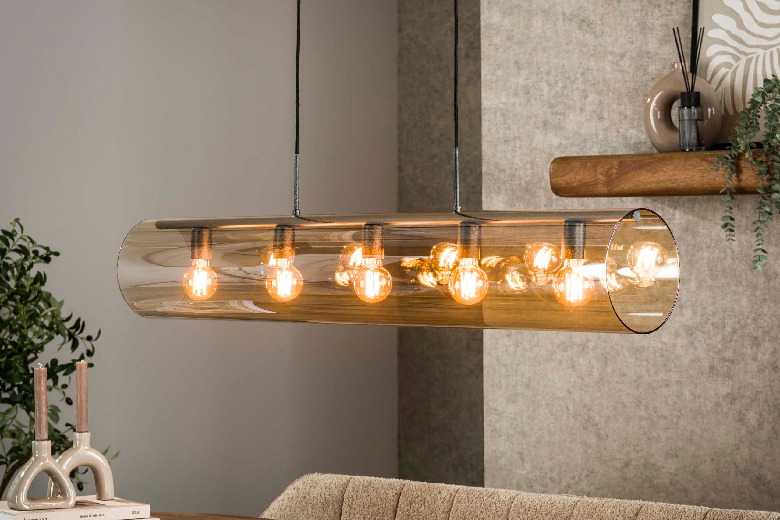 Pendant Light "Solvira" – With 5 Lights in Horizontal Tube-Amber Glass Design