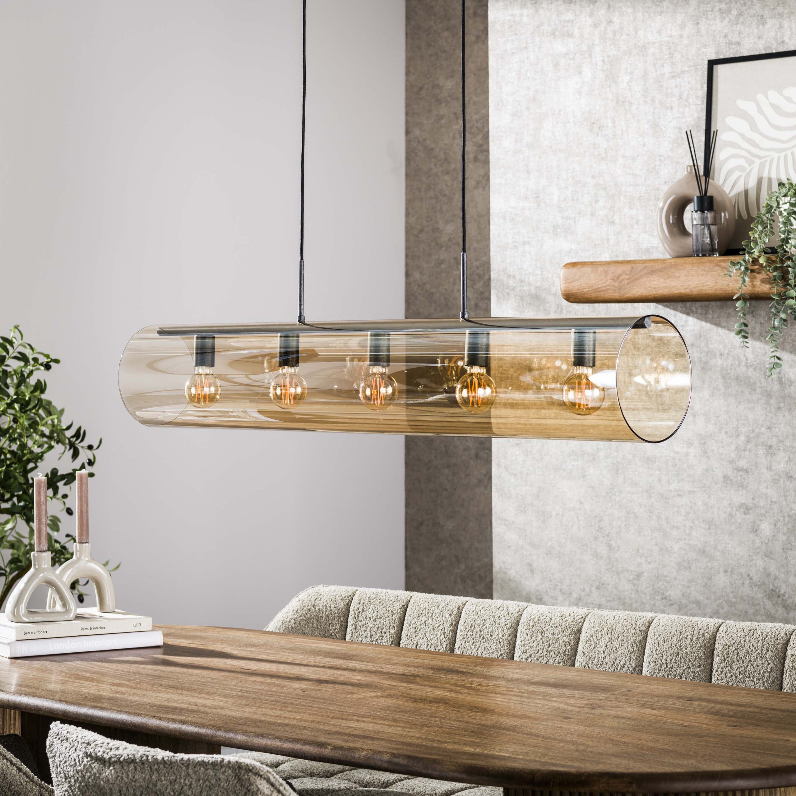 Pendant Light "Solvira" – With 5 Lights in Horizontal Tube-Amber Glass Design
