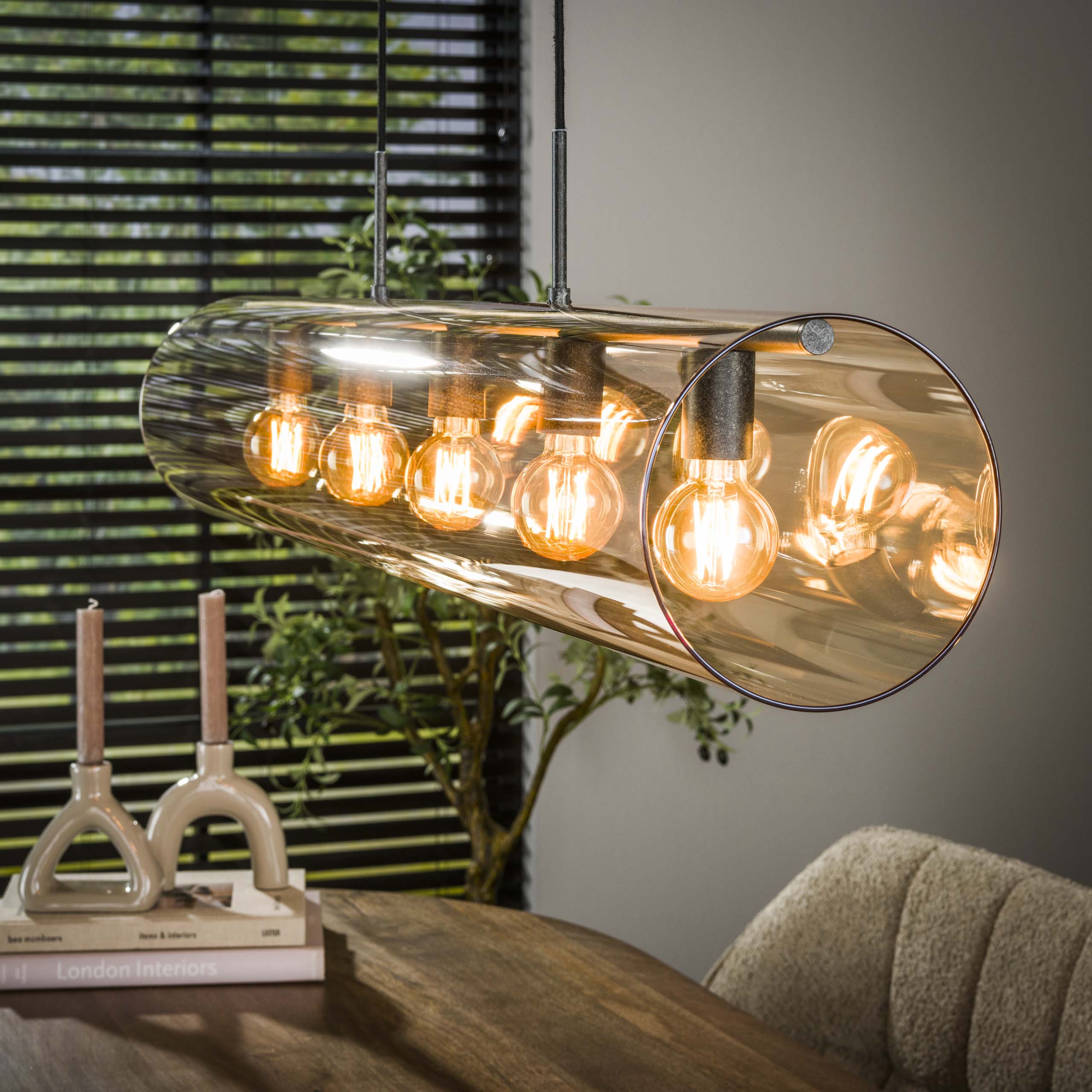 Pendant Light "Solvira" – With 5 Lights in Horizontal Tube-Amber Glass Design