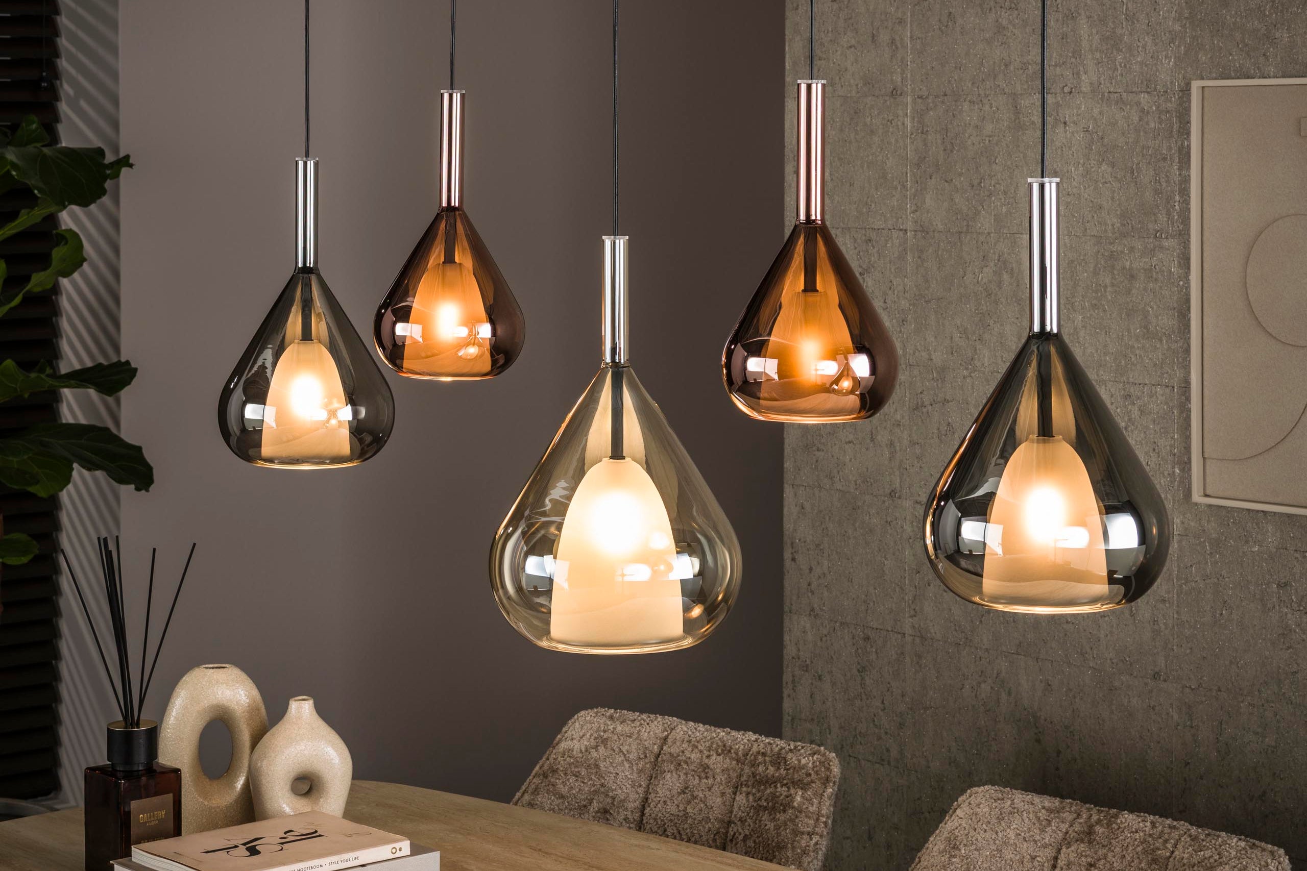 Pendant Light "Lysandra" – 5 Teardrop-Shaped Glass Shades in Amber, Copper, and Chrome