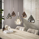 Pendant light "Lysandra – 5 teardrop-shaped glass shades in amber, copper and chrome