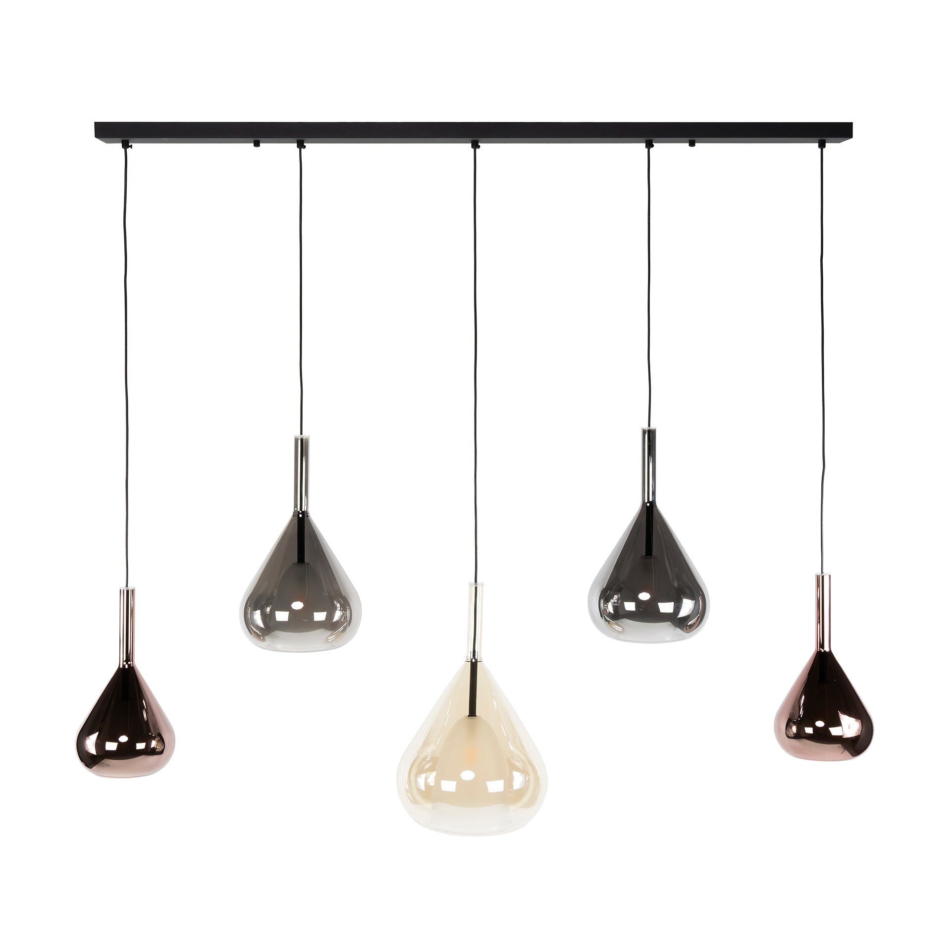Pendant Light "Lysandra" – 5 Teardrop-Shaped Glass Shades in Amber, Copper, and Chrome
