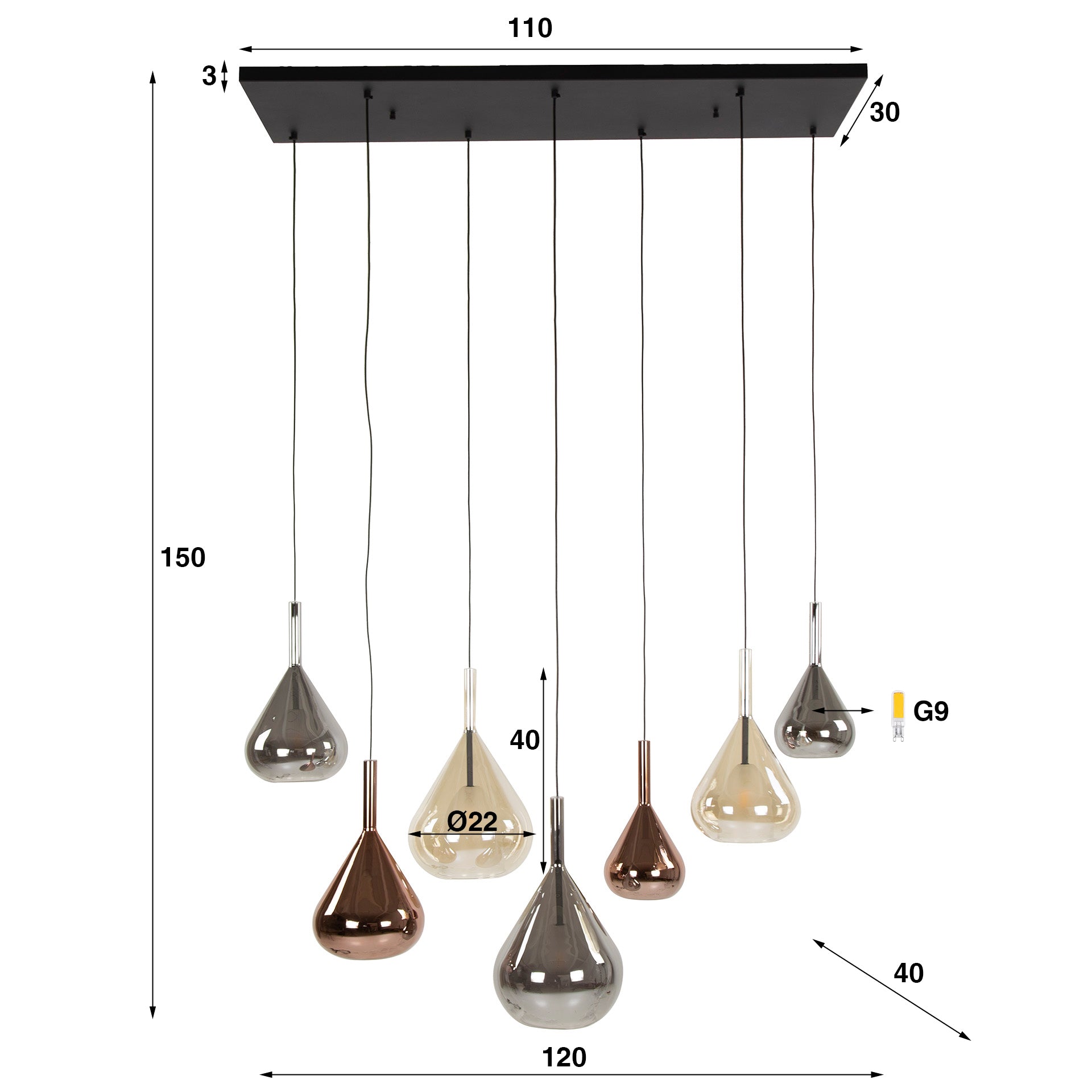 Pendant Light "Lumora" – 7 Teardrop-Shaped Glass Shades in Amber, Copper, and Chrome