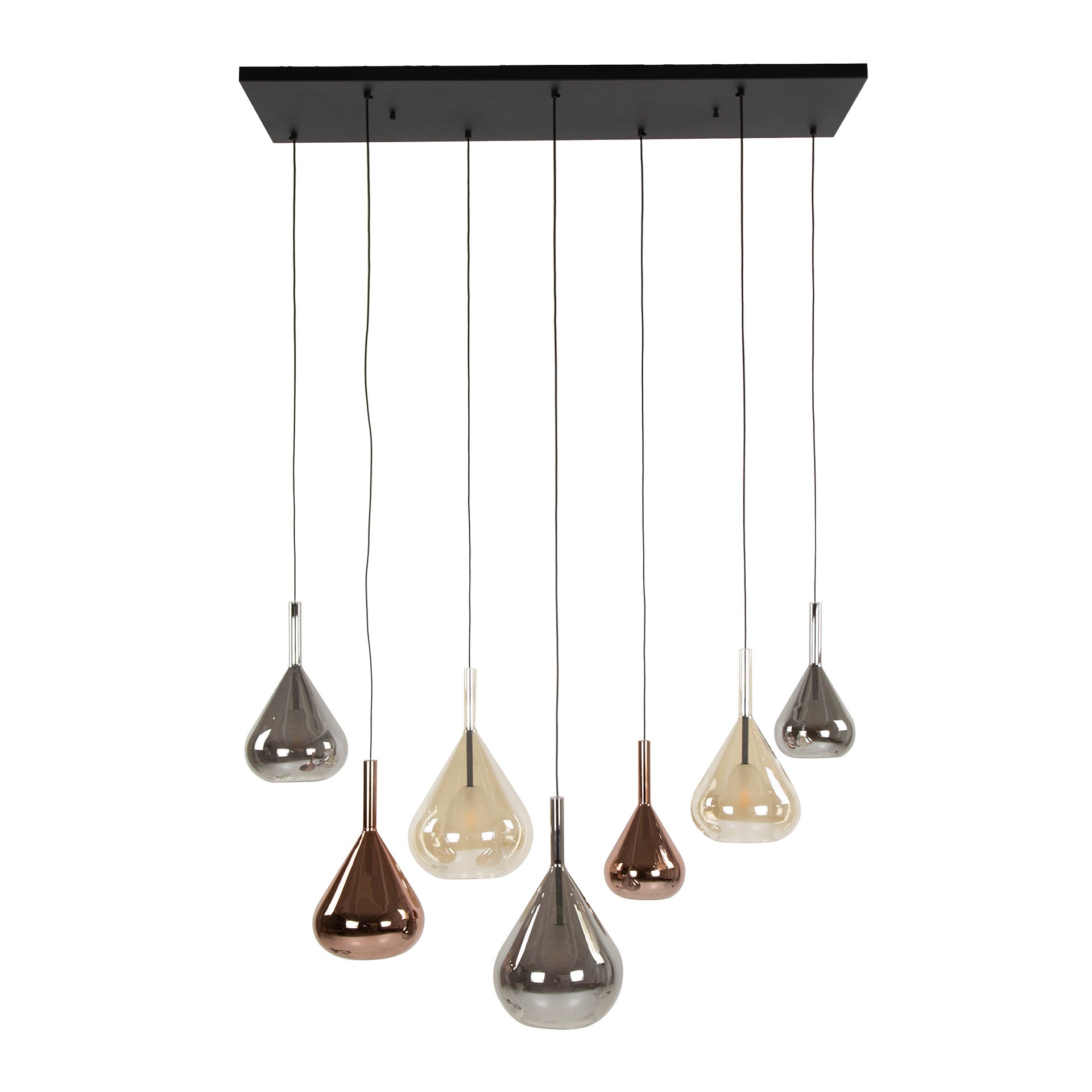 Pendant Light "Lumora" – 7 Teardrop-Shaped Glass Shades in Amber, Copper, and Chrome