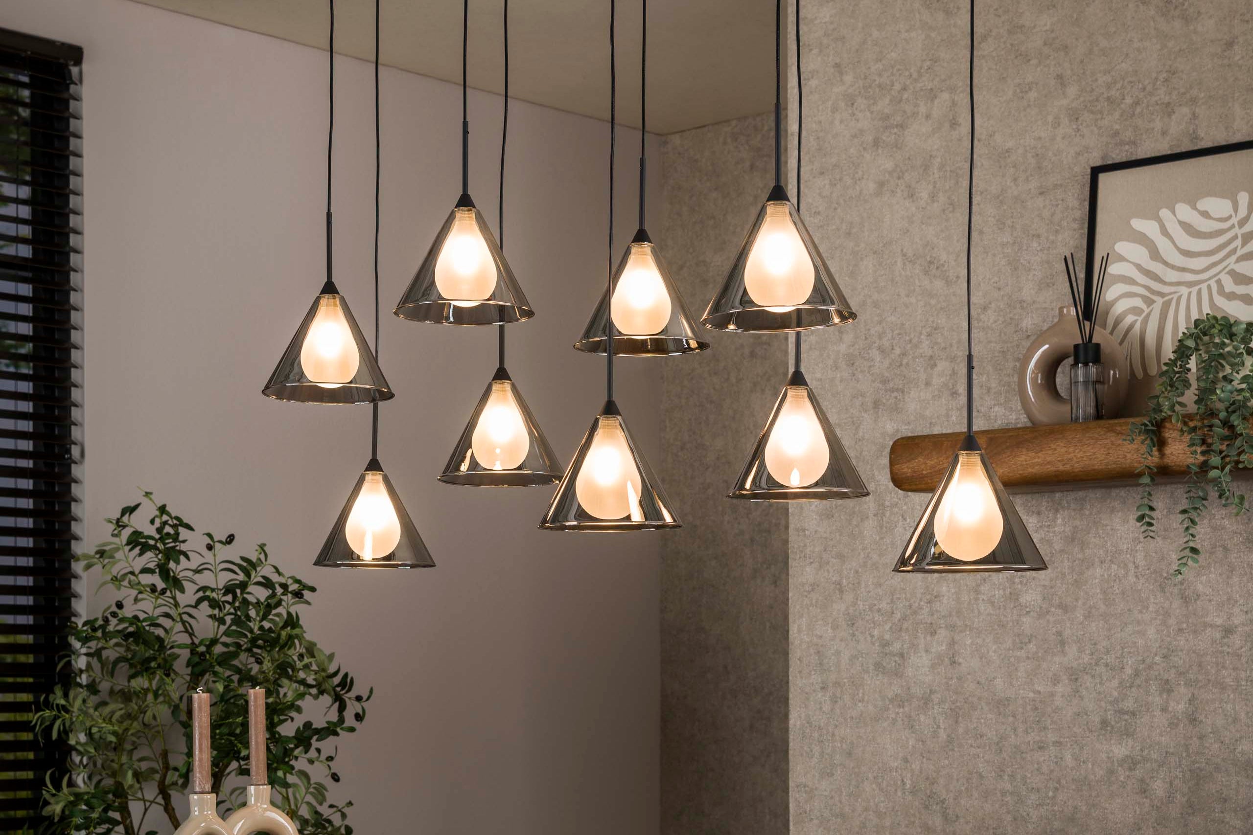 Pendant Lamp "Elunara" – With 9 Lights in Conical Smoky Glass and 150cm Height Adjustable